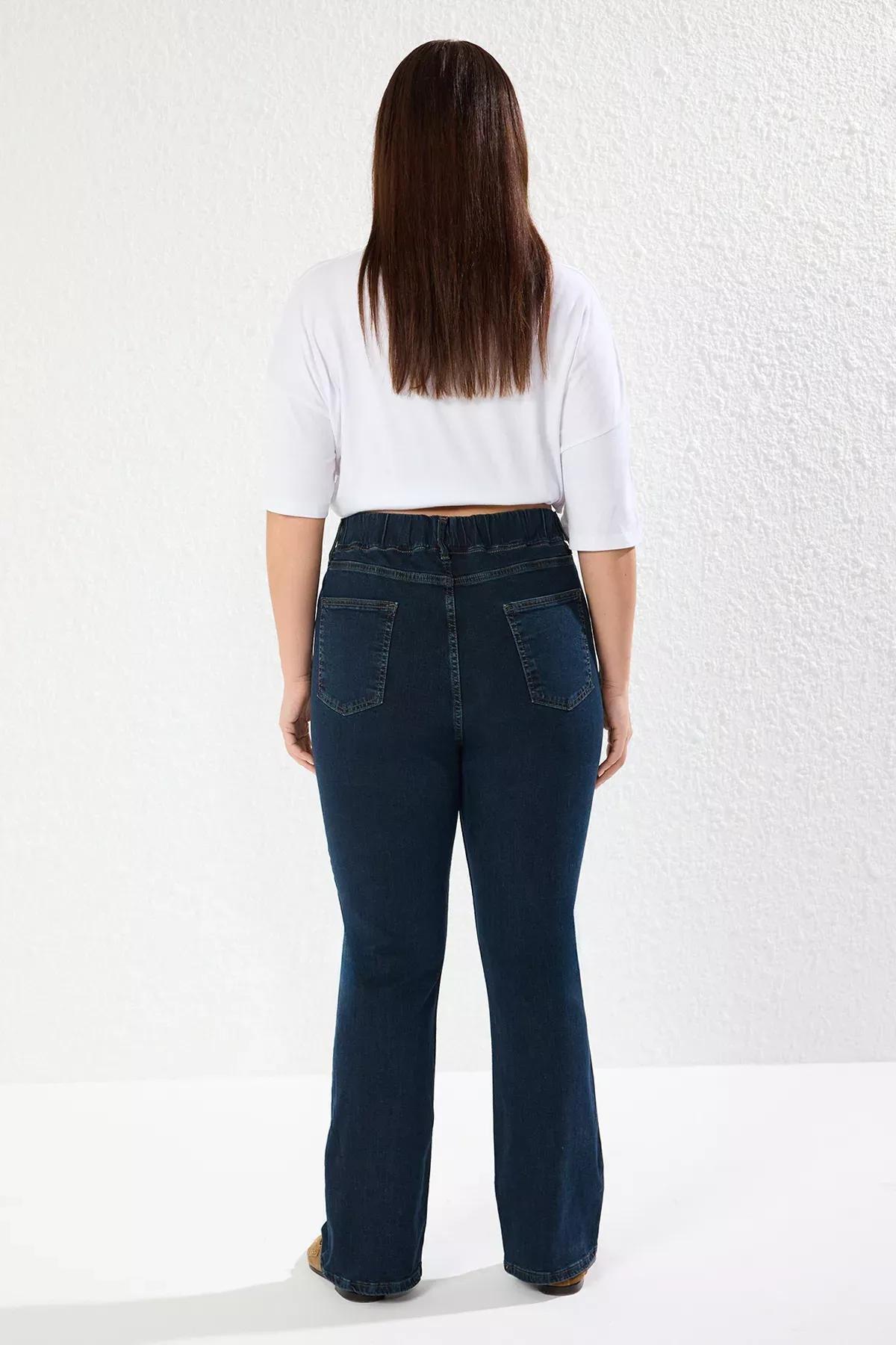 Navy Elastic Waist Flared Jeans, , large image number 4