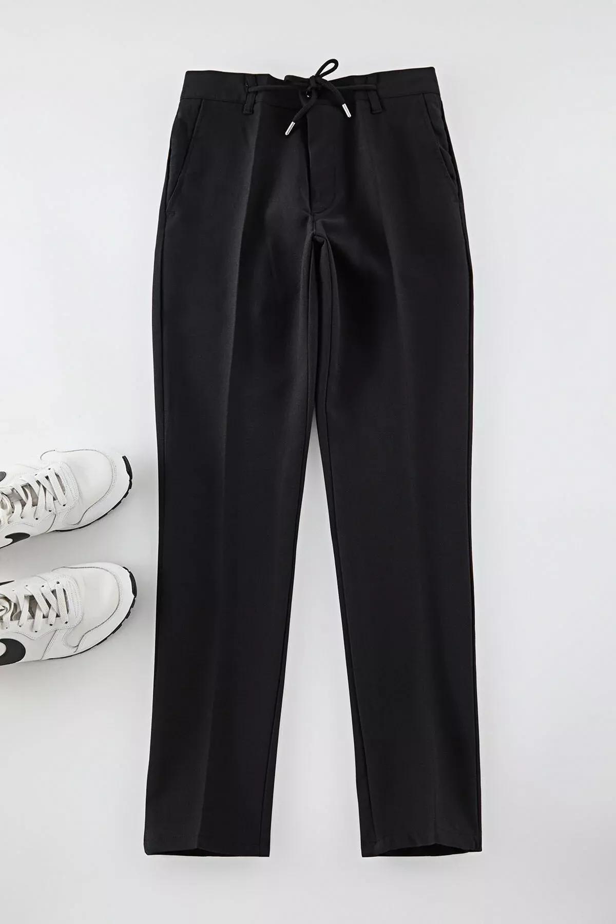 Black Slim Fit Waist Tie Trousers, BLACK, medium