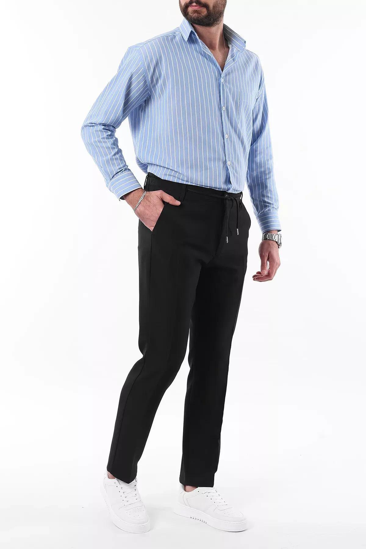Black Slim Fit Waist Tie Trousers, , large image number 1