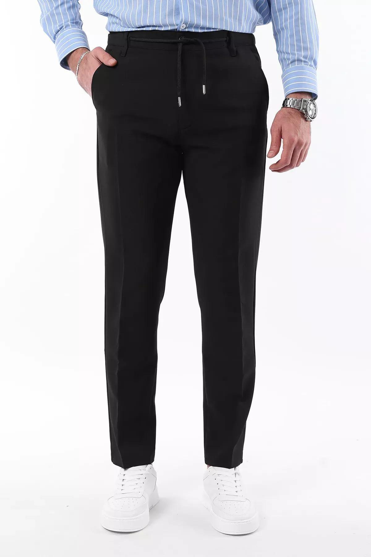 Black Slim Fit Waist Tie Trousers, BLACK, medium