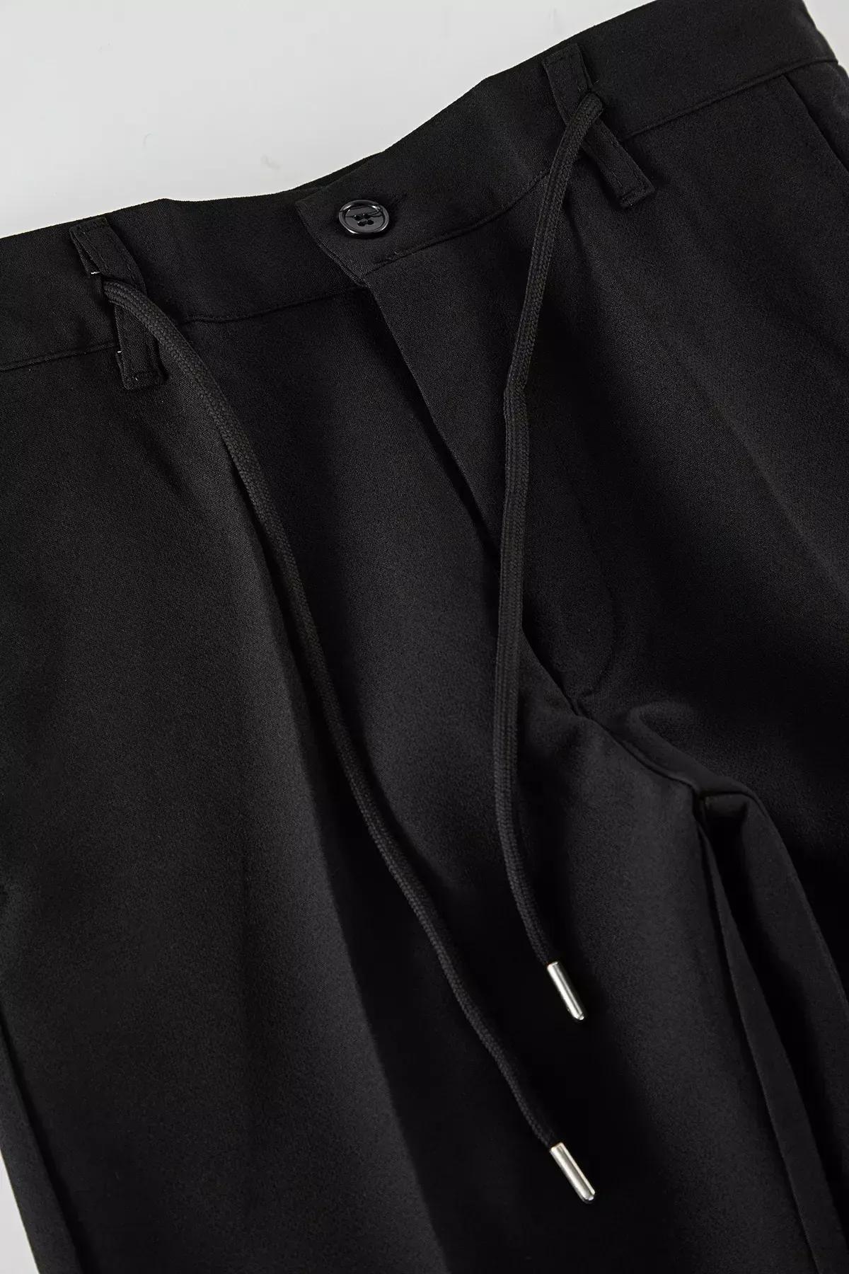 Black Slim Fit Waist Tie Trousers, BLACK, medium