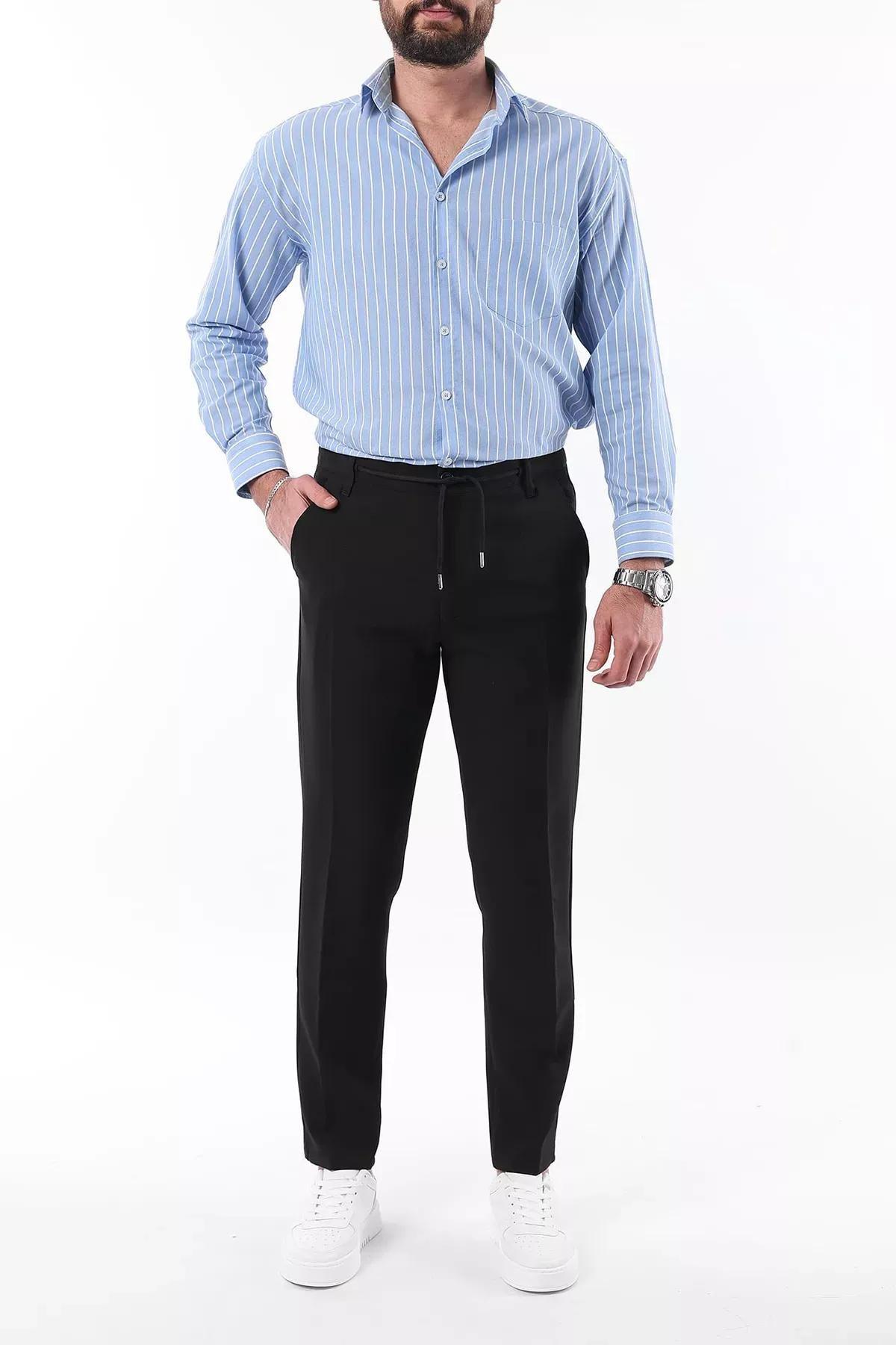 Black Slim Fit Waist Tie Trousers, , large image number 6