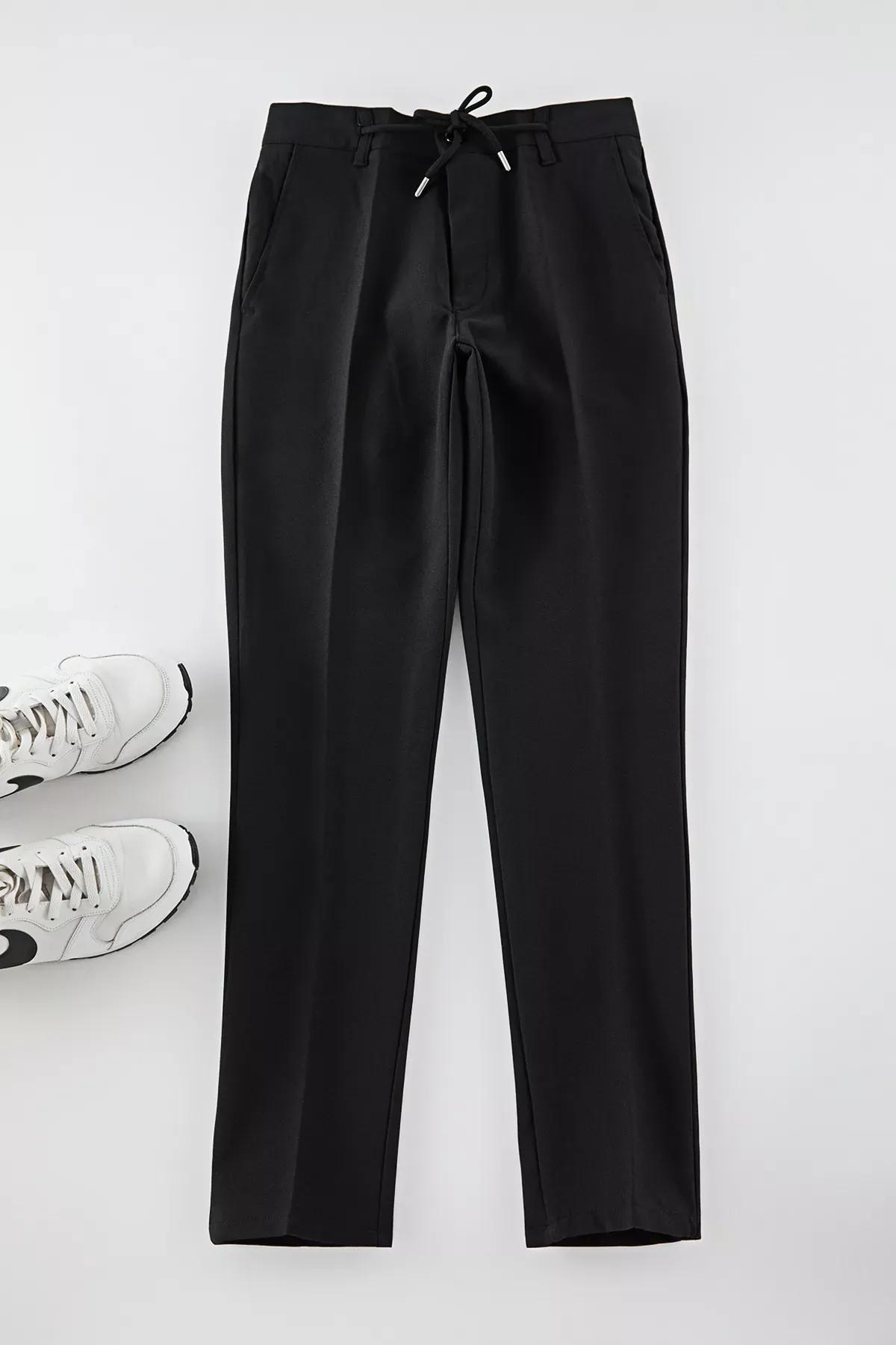 Black Slim Fit Waist Tie Trousers, , large image number 8