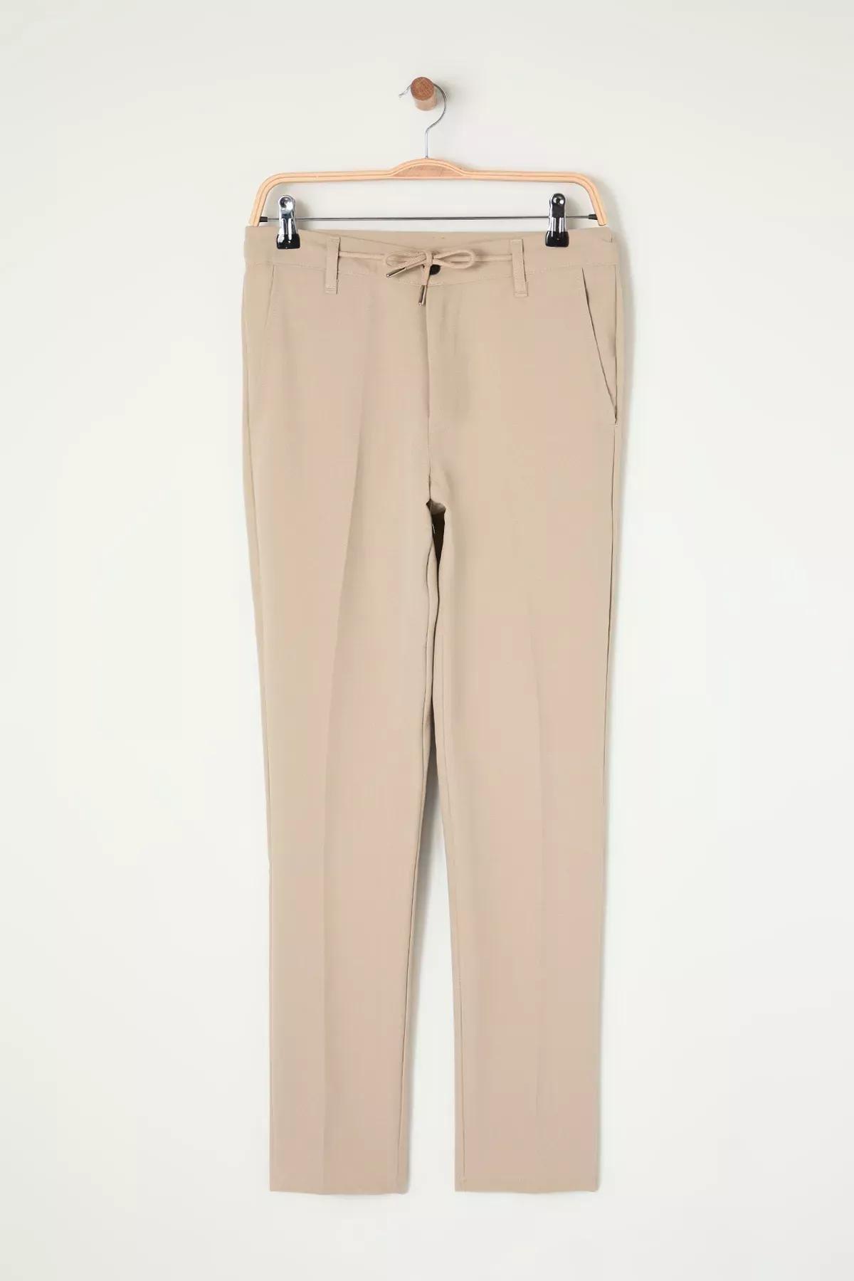Beige Slim Fit Waist Tie Trousers, STONE, large image number 0