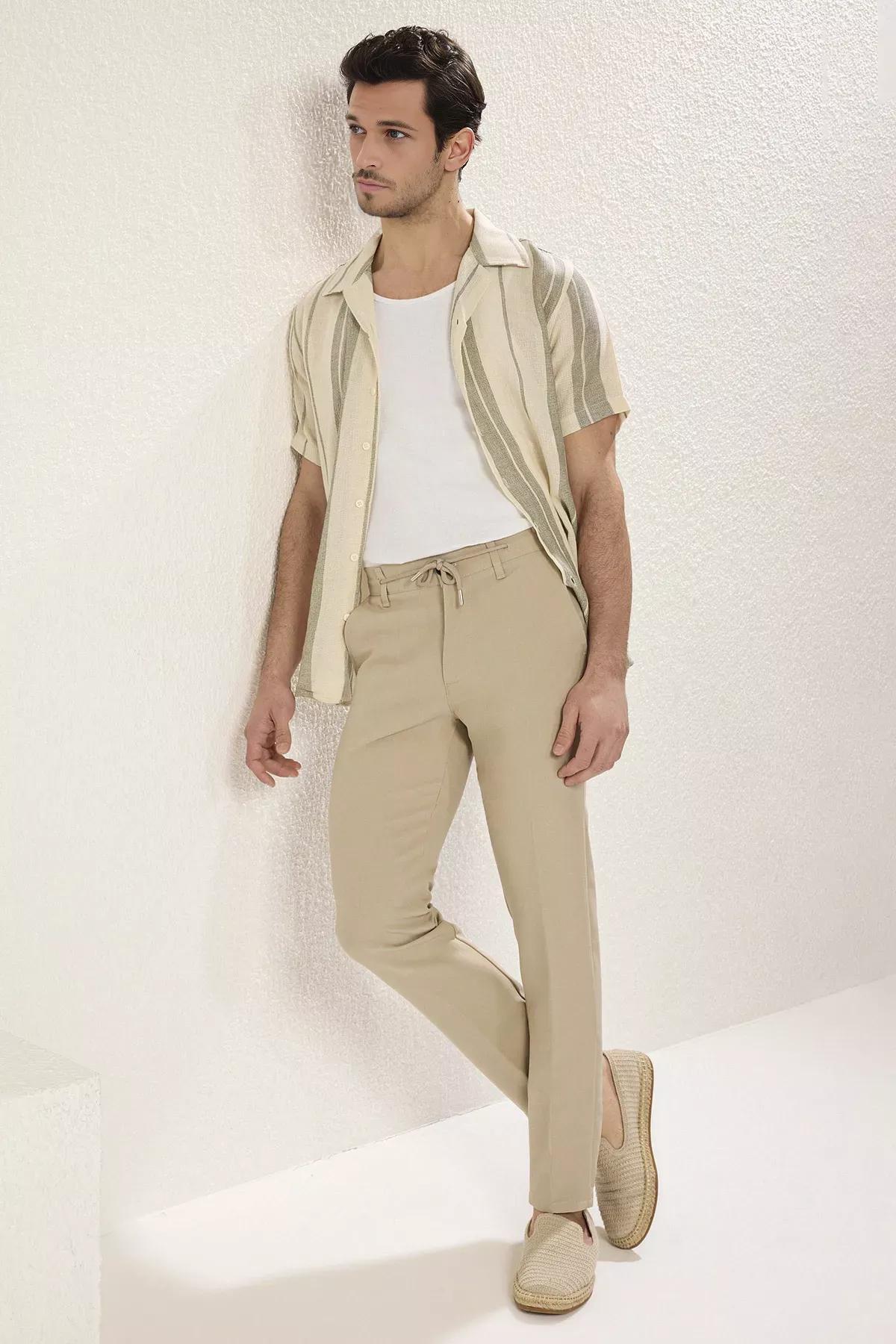 Beige Slim Fit Waist Tie Trousers, STONE, large image number 1