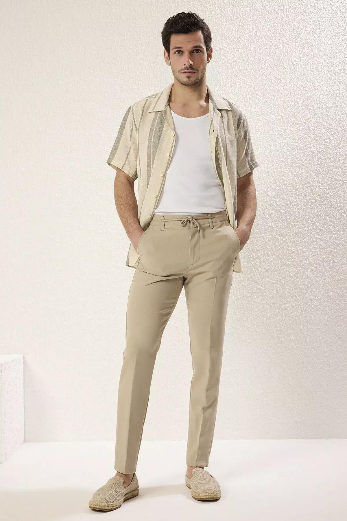 Beige Slim Fit Waist Tie Trousers, STONE, large image number 2