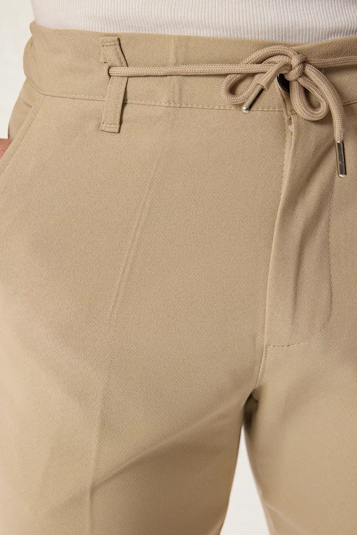 Beige Slim Fit Waist Tie Trousers, STONE, large image number 4