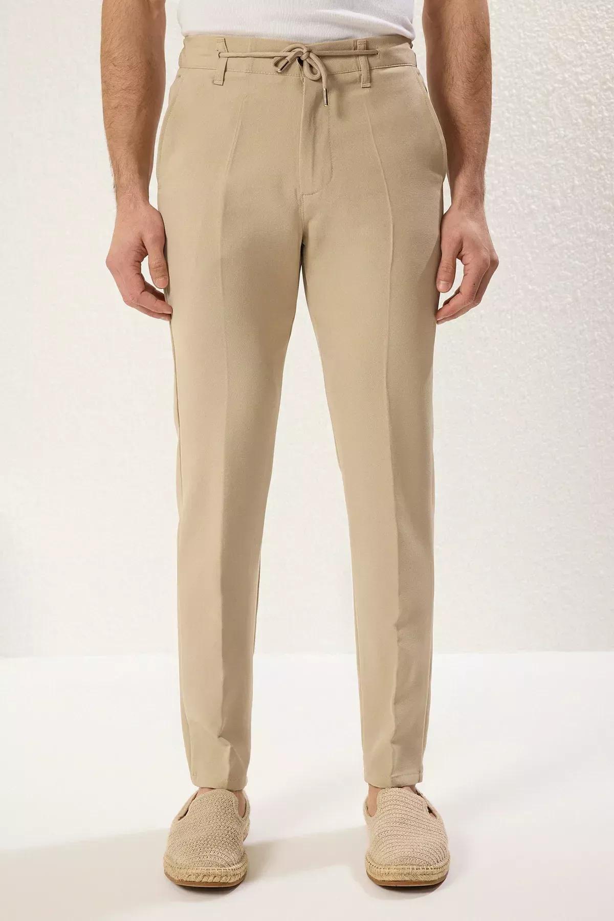 Beige Slim Fit Waist Tie Trousers, STONE, large image number 5