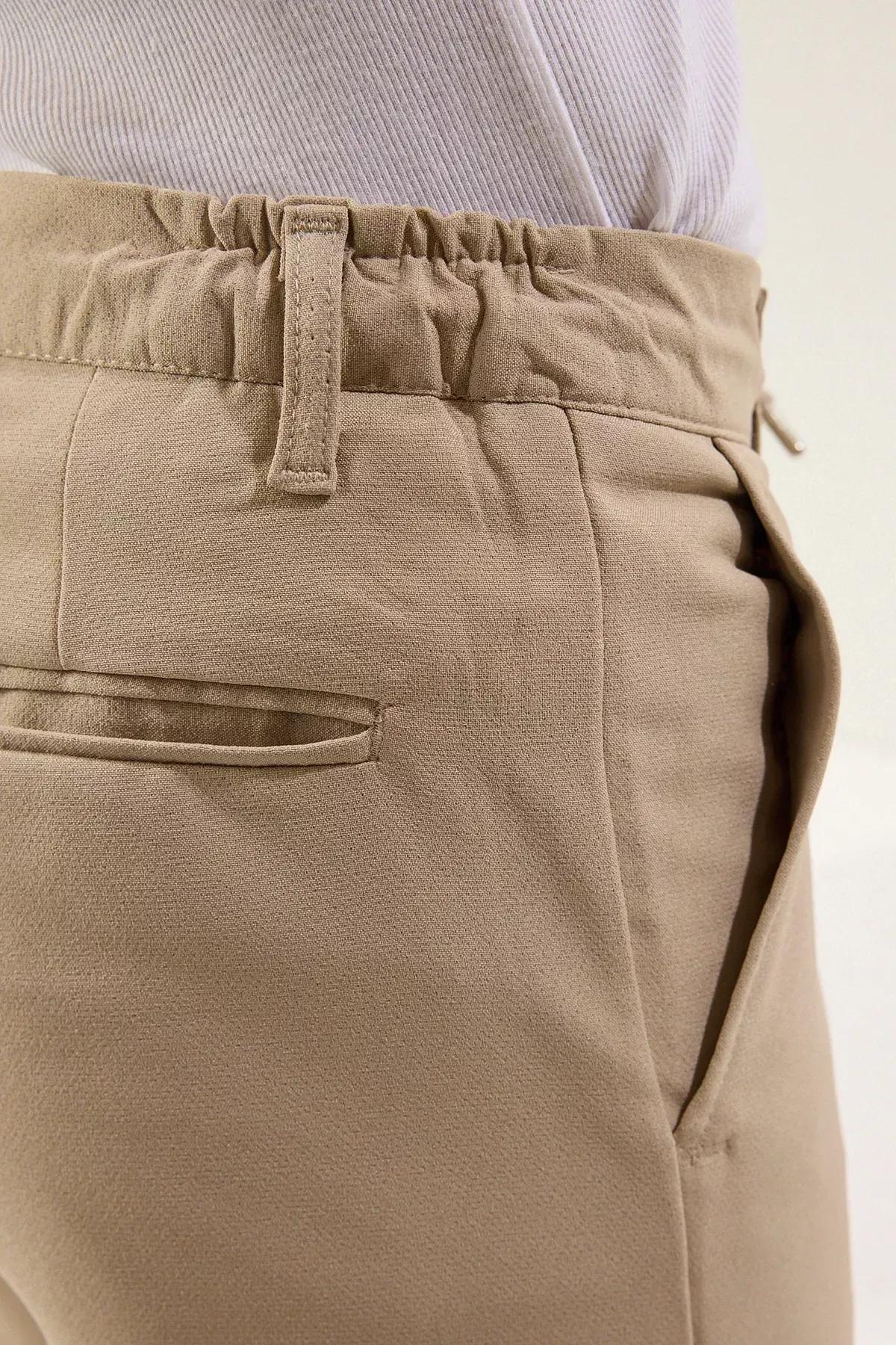 Beige Slim Fit Waist Tie Trousers, STONE, large image number 6