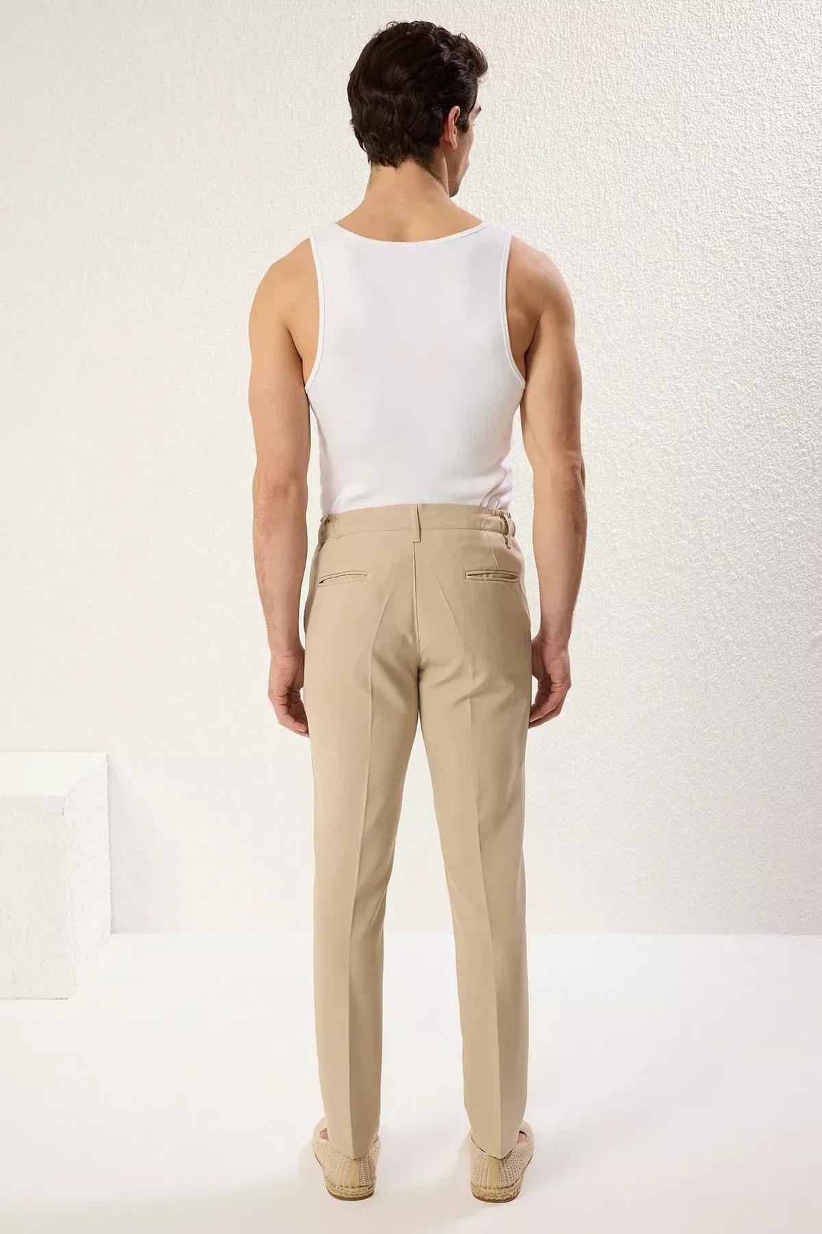 Beige Slim Fit Waist Tie Trousers, STONE, large image number 7