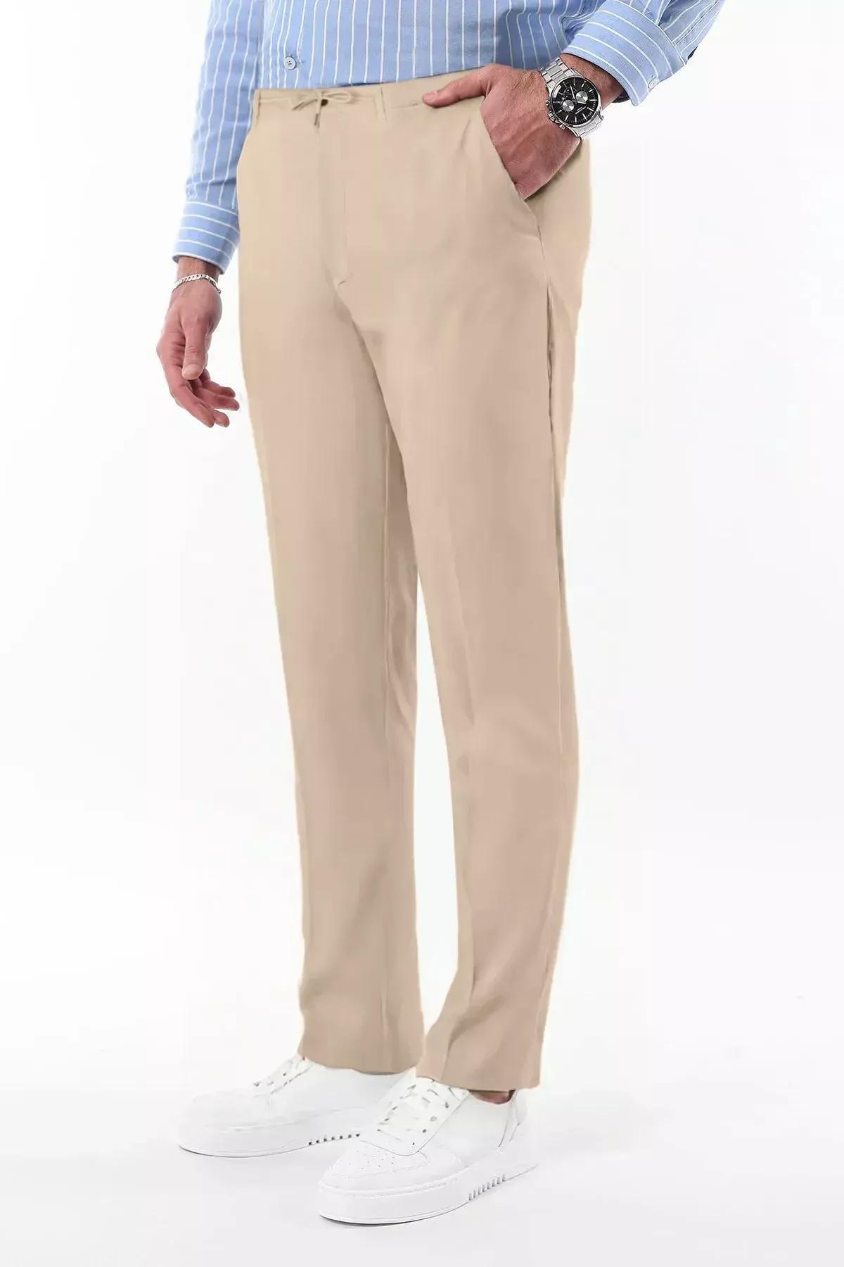 Beige Slim Fit Waist Tie Trousers, STONE, large image number 8
