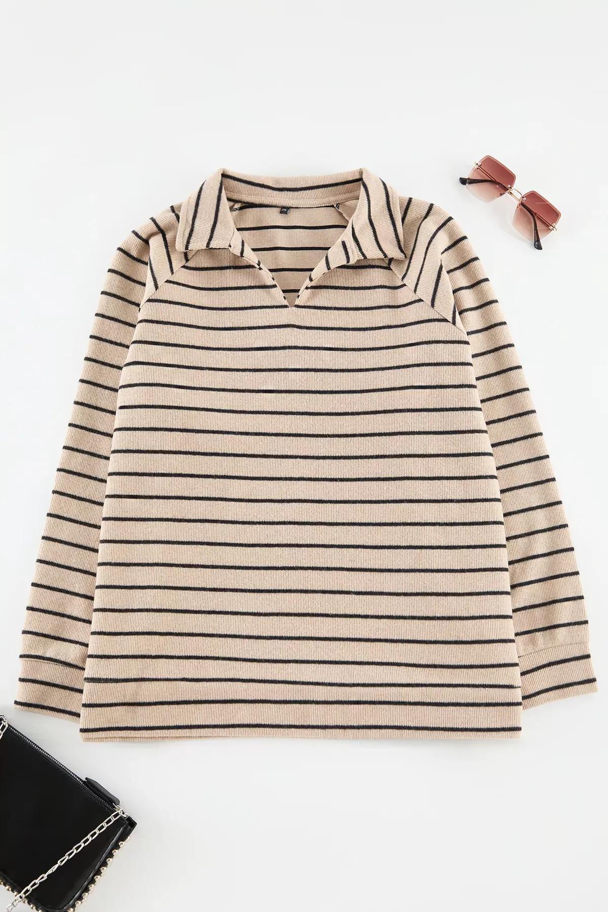 Beige Striped Oversized Patterned Sweatshirt, , large image number 0