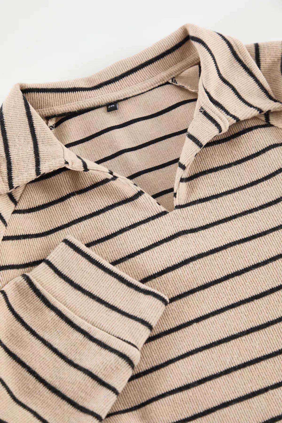 Beige Striped Oversized Patterned Sweatshirt, , large image number 1