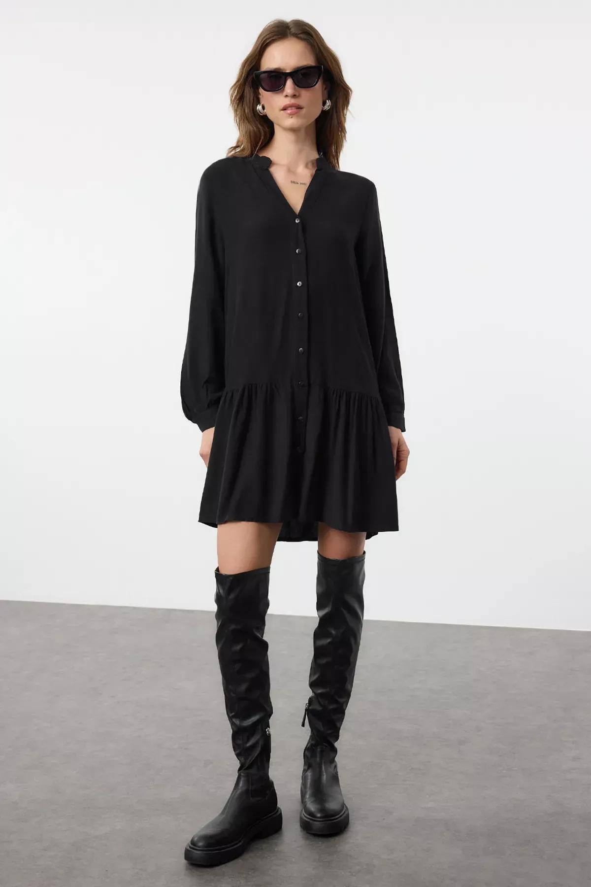 Black Mini Thick Woven Shirt Dress, , large image number 0