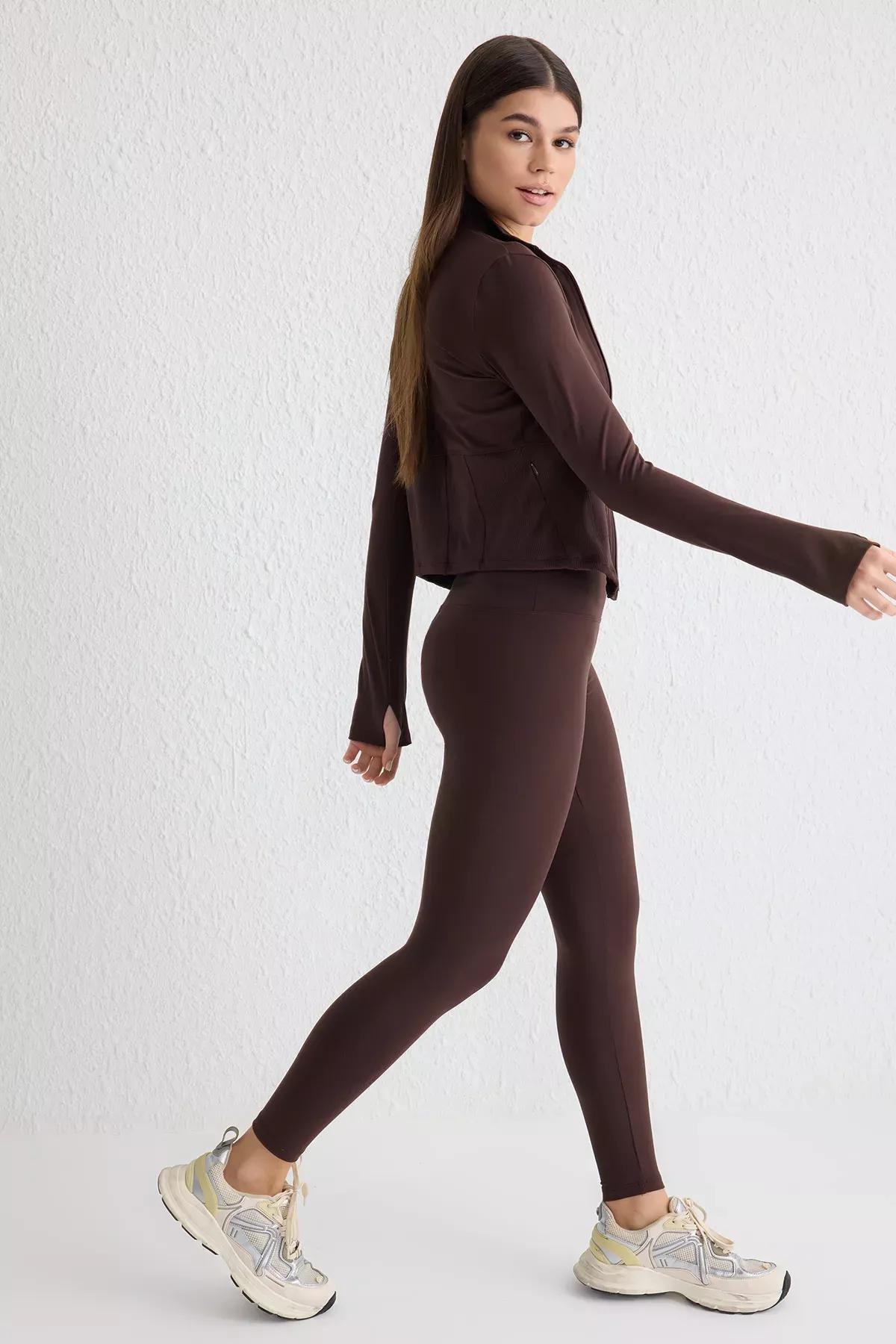 Brown Brushed Printed Detailed Knitted Sports Tights, Brown, medium