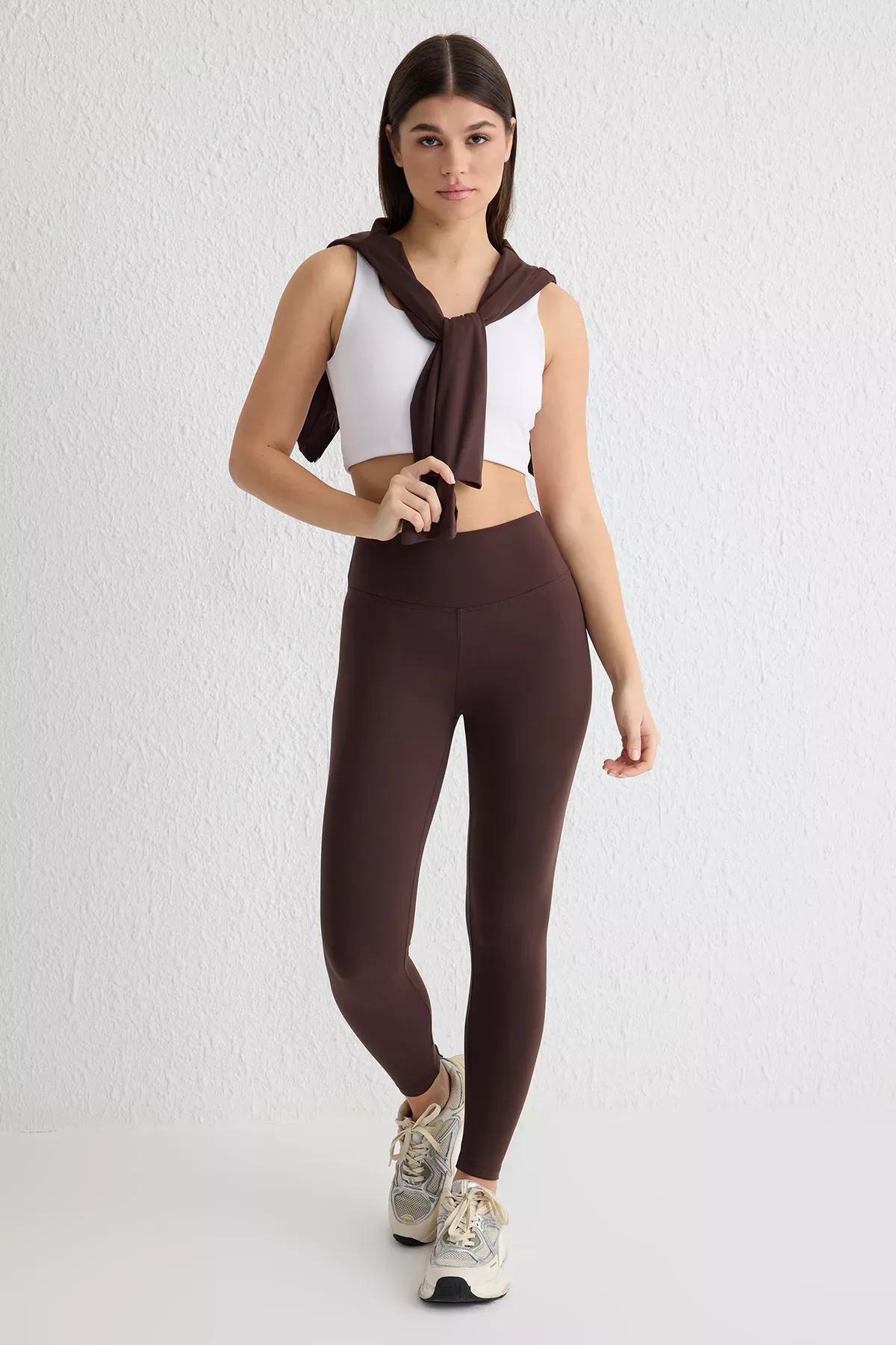 Brown Brushed Printed Detailed Knitted Sports Tights, Brown, medium