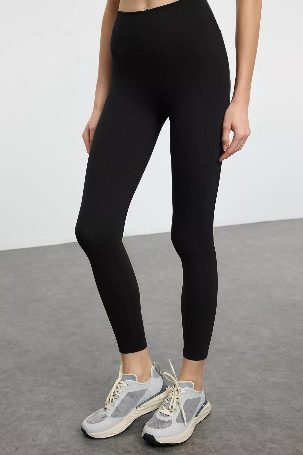 Black Brushed Printed Detailed Sports Tights, BLACK, large image number 1