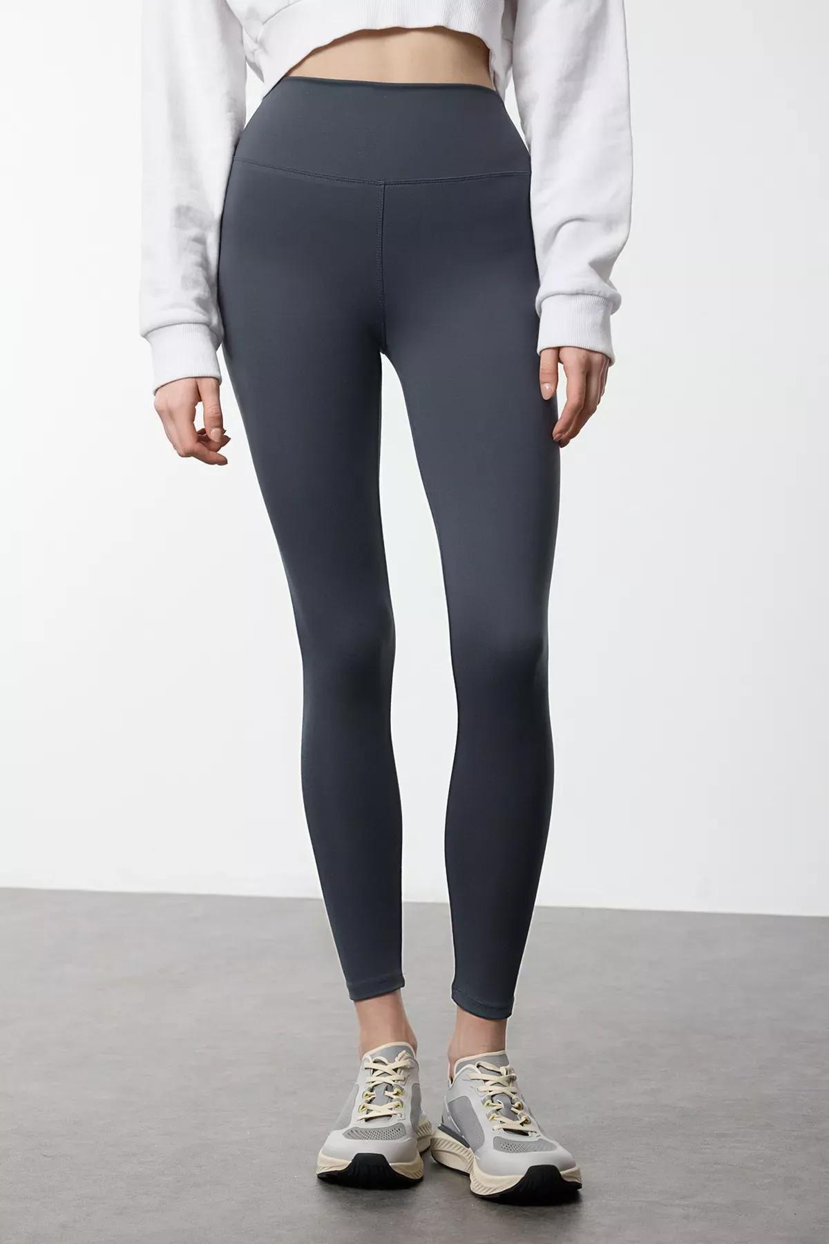 Grey Brushed Printed Detailed Sports Tights, Anthracite, large image number 2