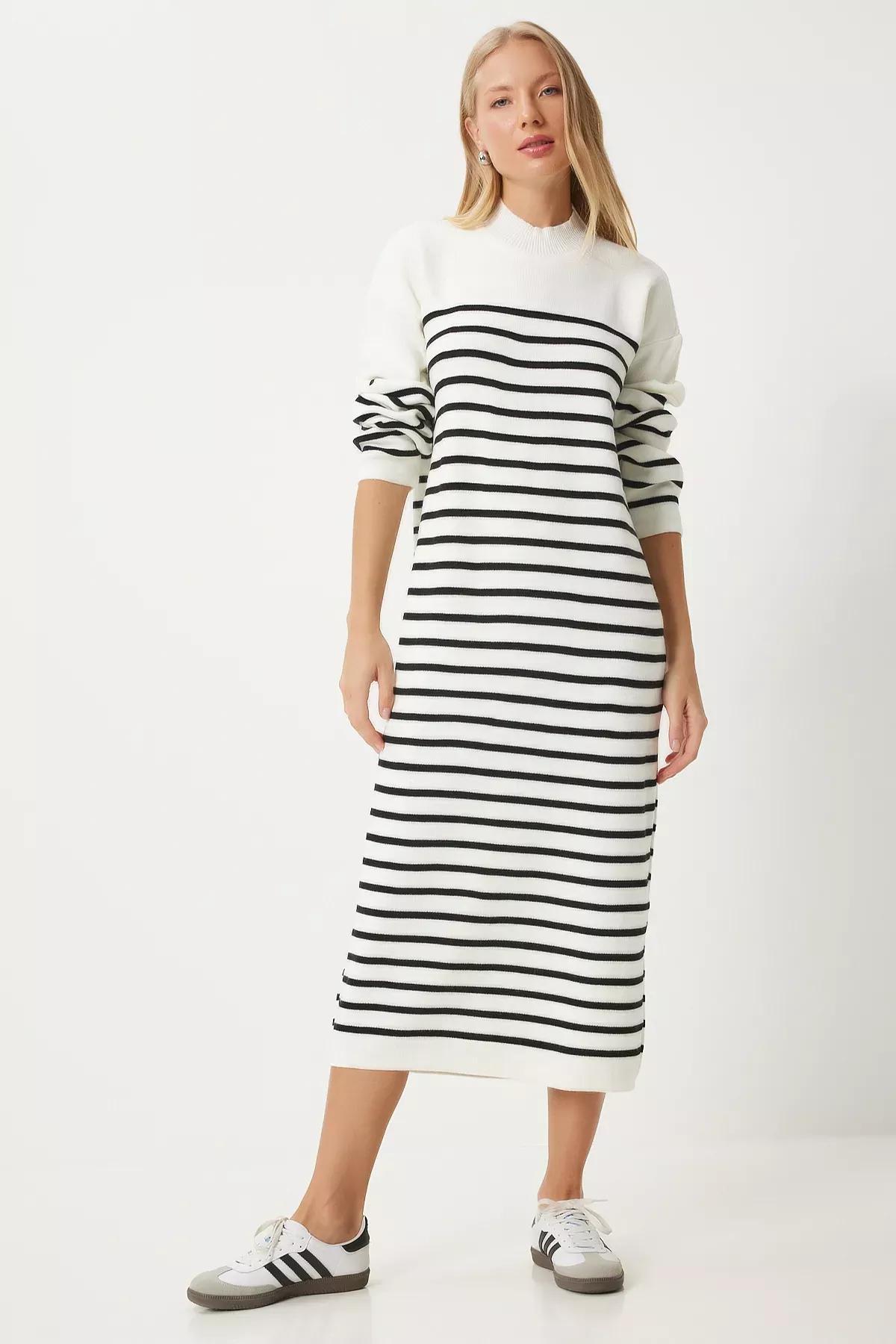 White Striped Loose Knit Dress, Ecru, large image number 0