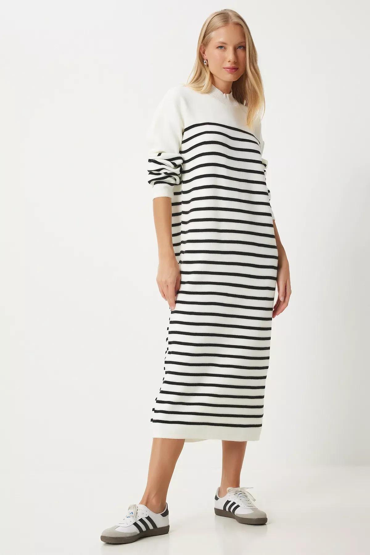 White Striped Loose Knit Dress, Ecru, large image number 1