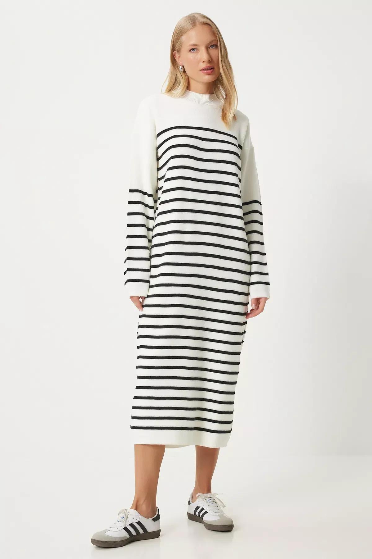 White Striped Loose Knit Dress, Ecru, large image number 2