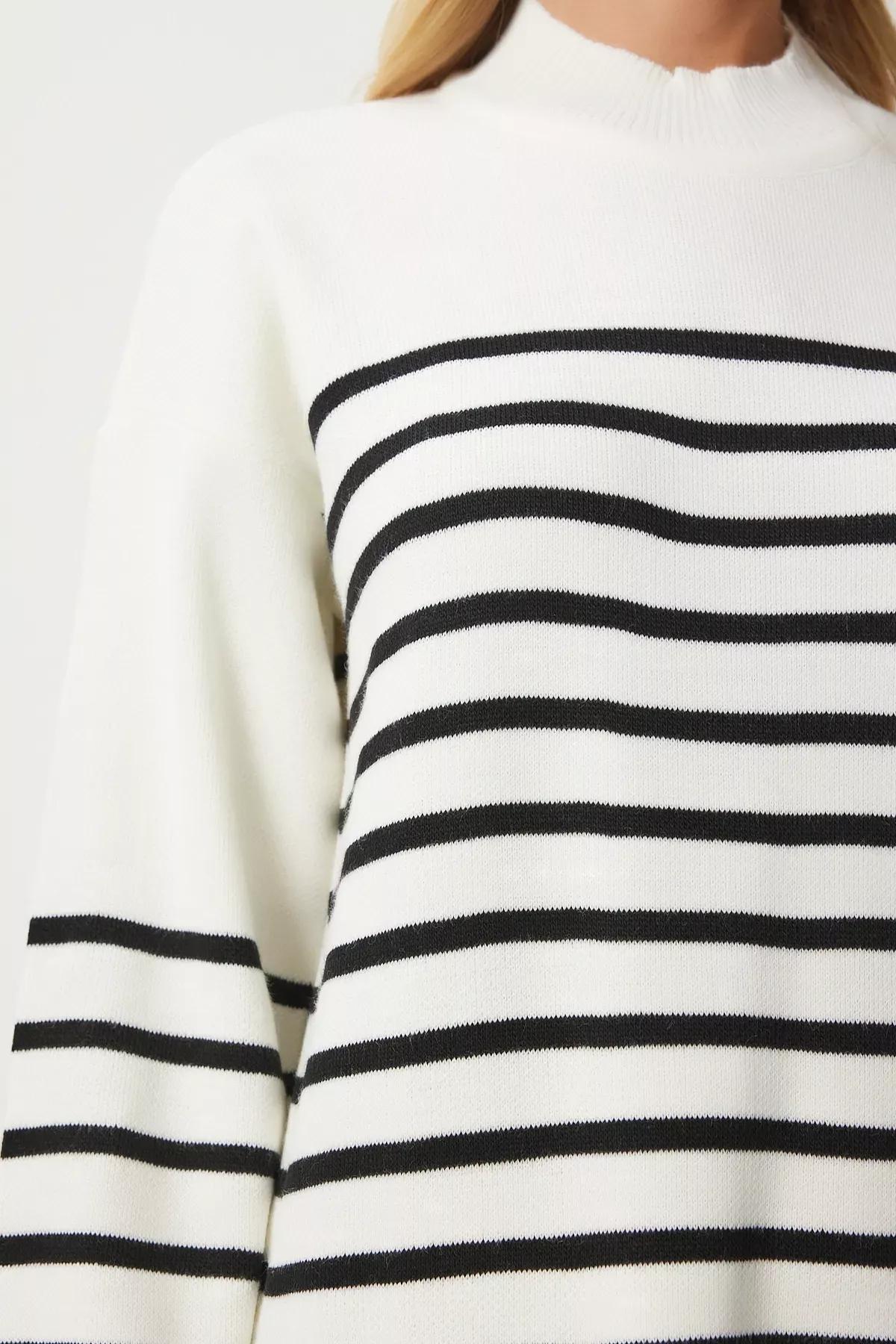 White Striped Loose Knit Dress, Ecru, large image number 3