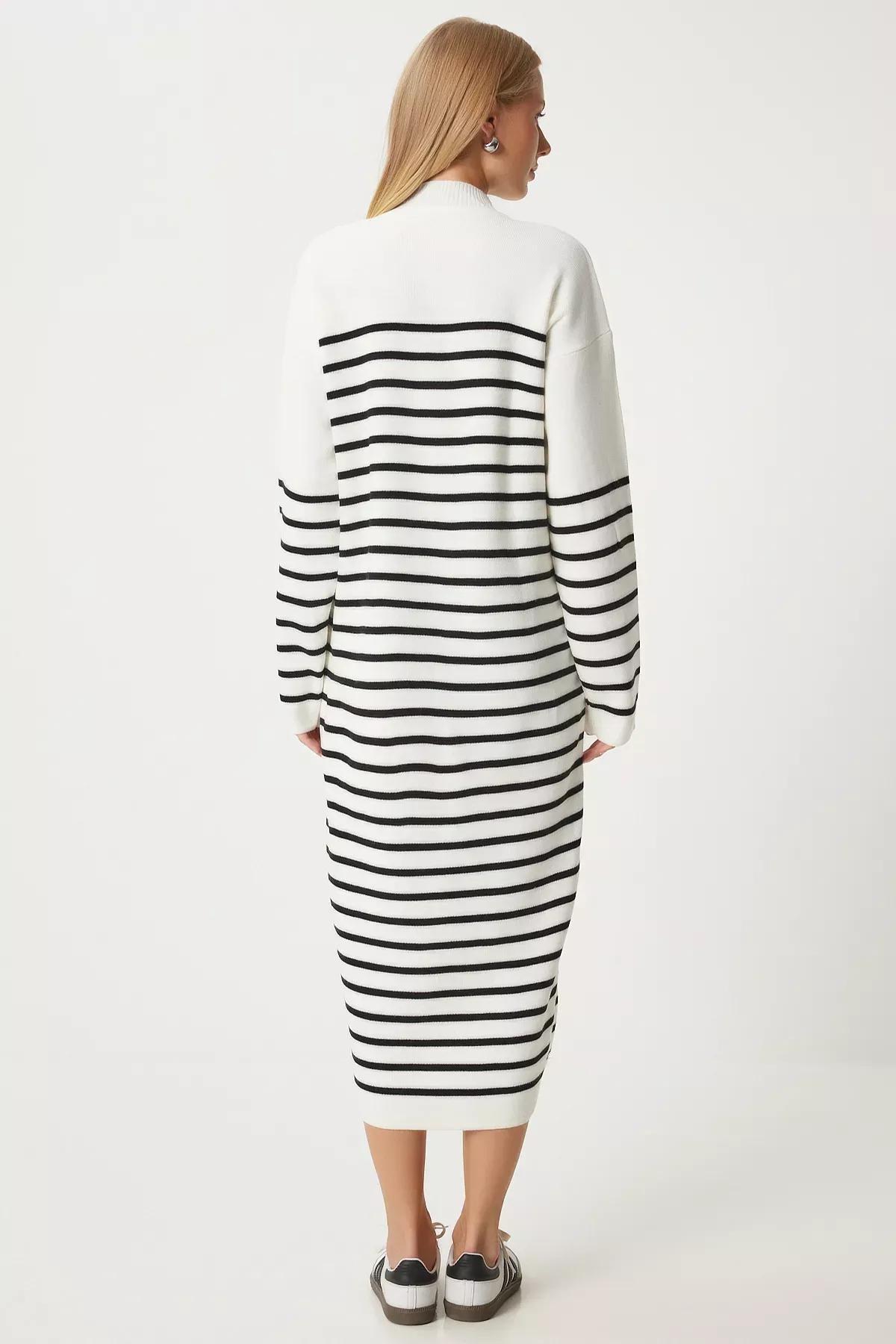 White Striped Loose Knit Dress, Ecru, large image number 4