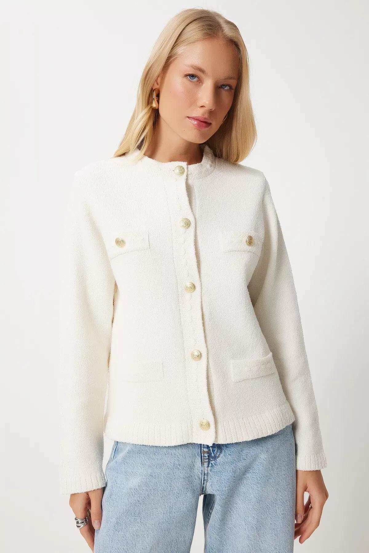 White Buttoned Textured Knitted Cardigan, Bone, large image number 1