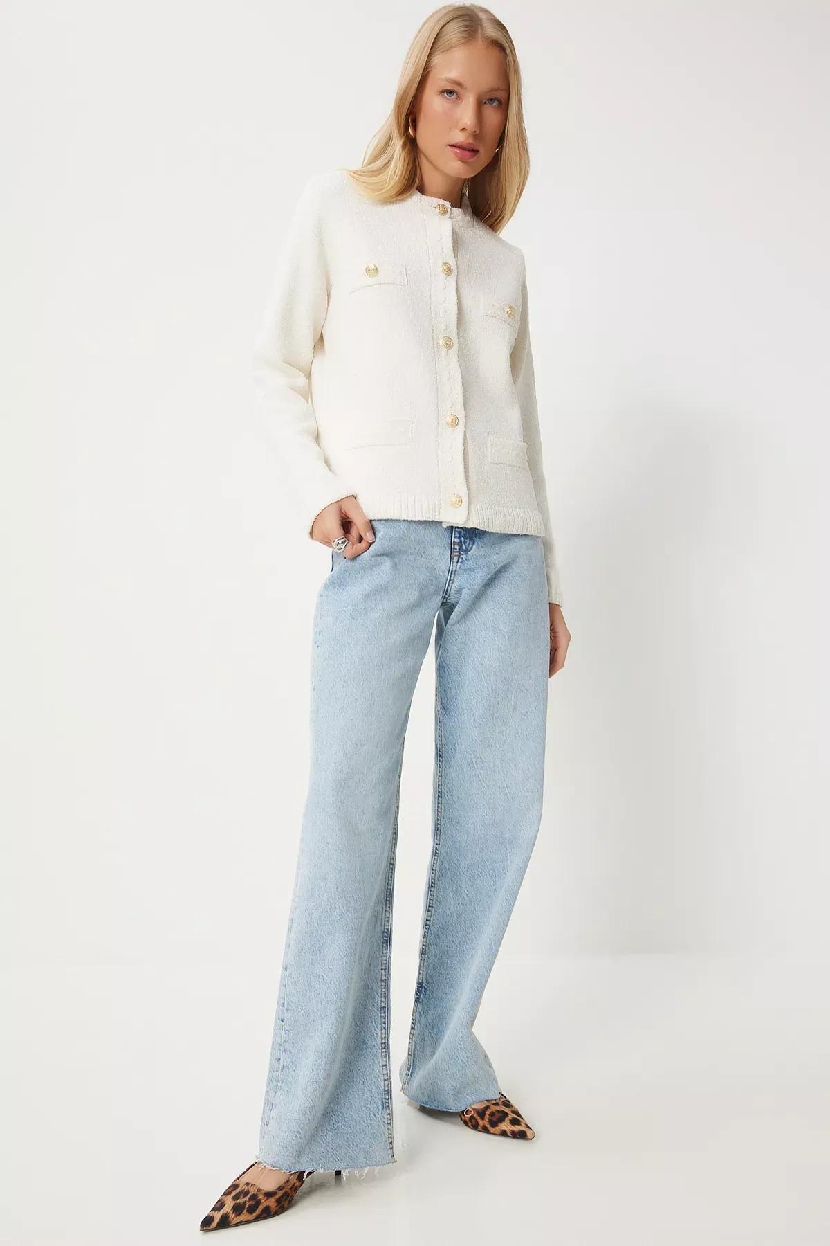 White Buttoned Textured Knitted Cardigan, Bone, large image number 2