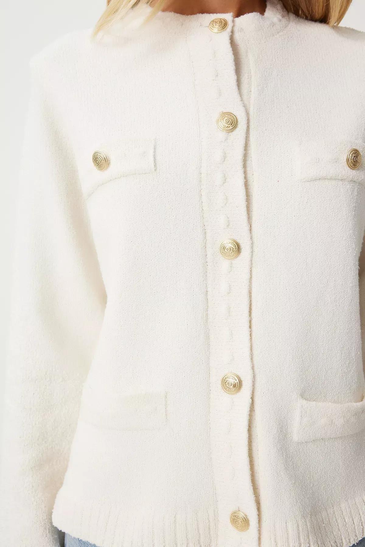 White Buttoned Textured Knitted Cardigan, Bone, large image number 3