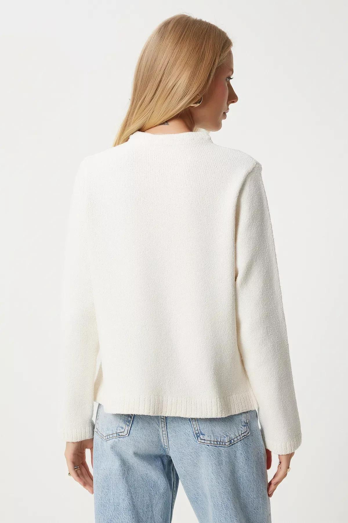 White Buttoned Textured Knitted Cardigan, Bone, large image number 4