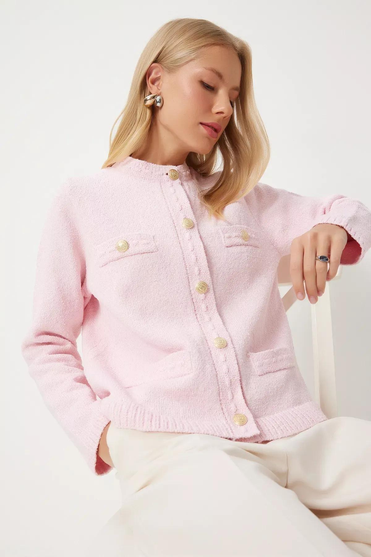 Pink Buttoned Textured Knitwear Cardigan, Pink, large image number 0