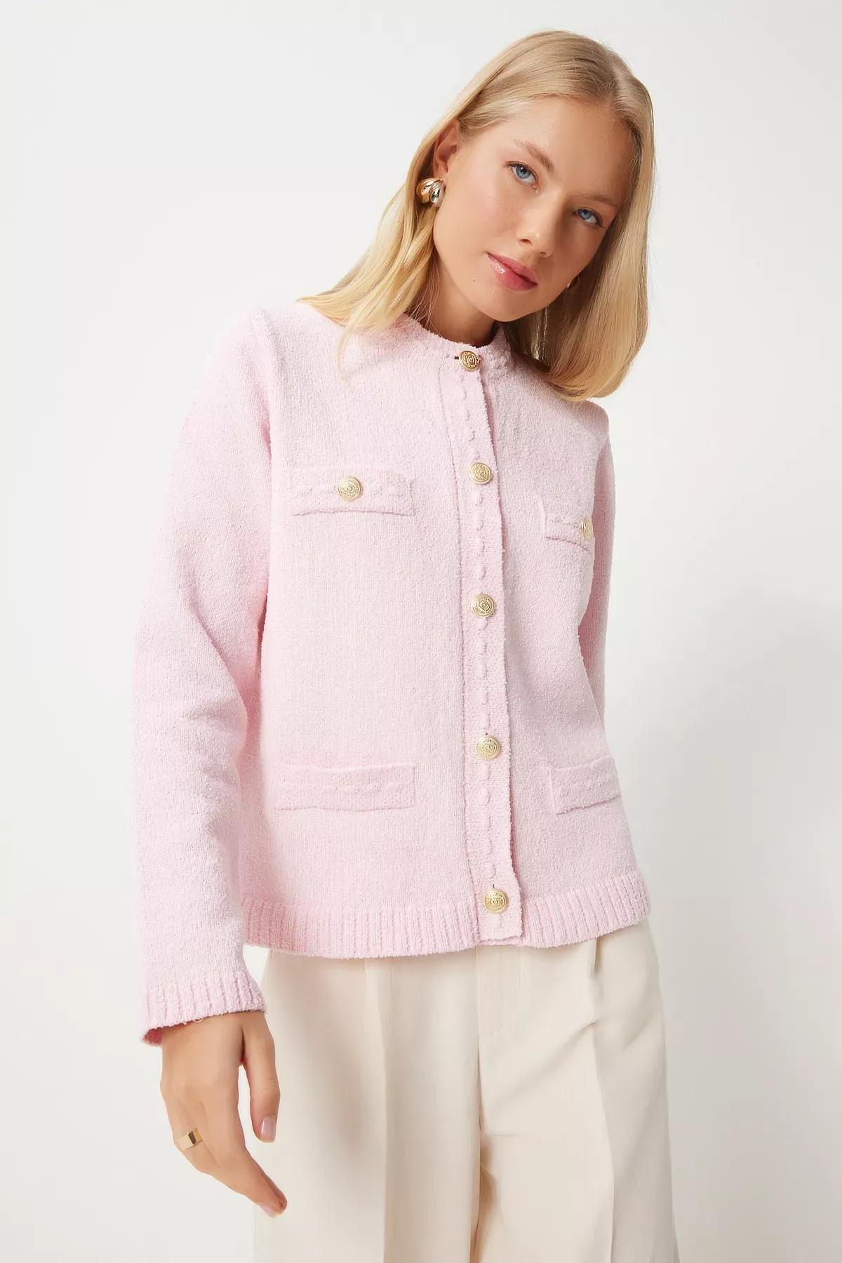 Pink Buttoned Textured Knitwear Cardigan, Pink, large image number 2