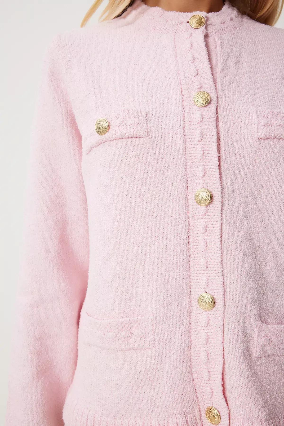 Pink Buttoned Textured Knitwear Cardigan, Pink, large image number 3