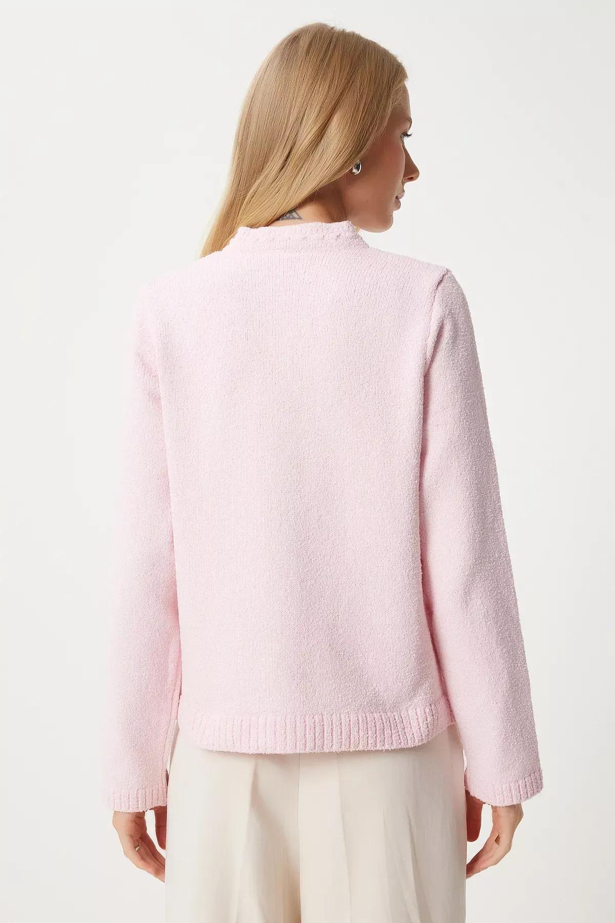 Pink Buttoned Textured Knitwear Cardigan, Pink, large image number 4