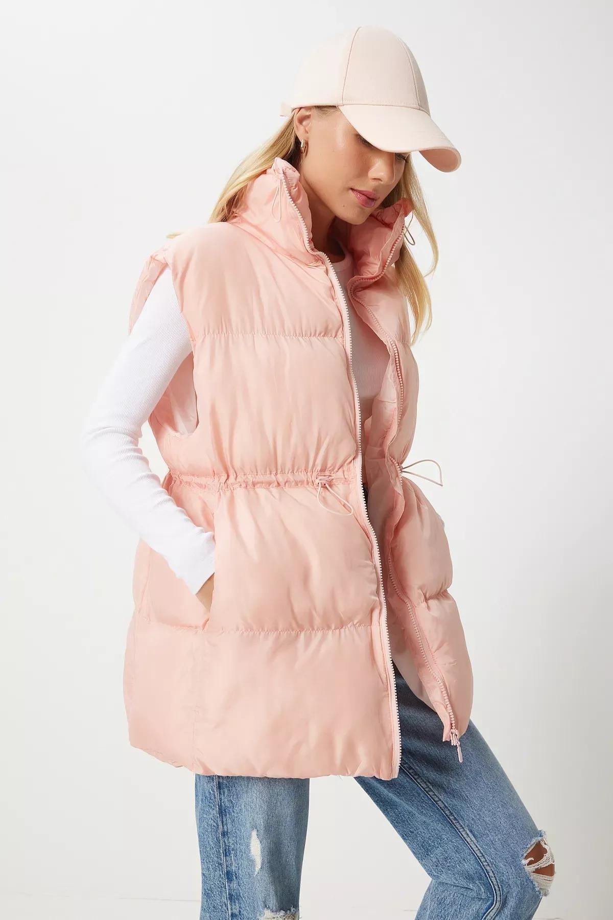 Pink Waist Drawstring Puffer Vest, Pink, large image number 0