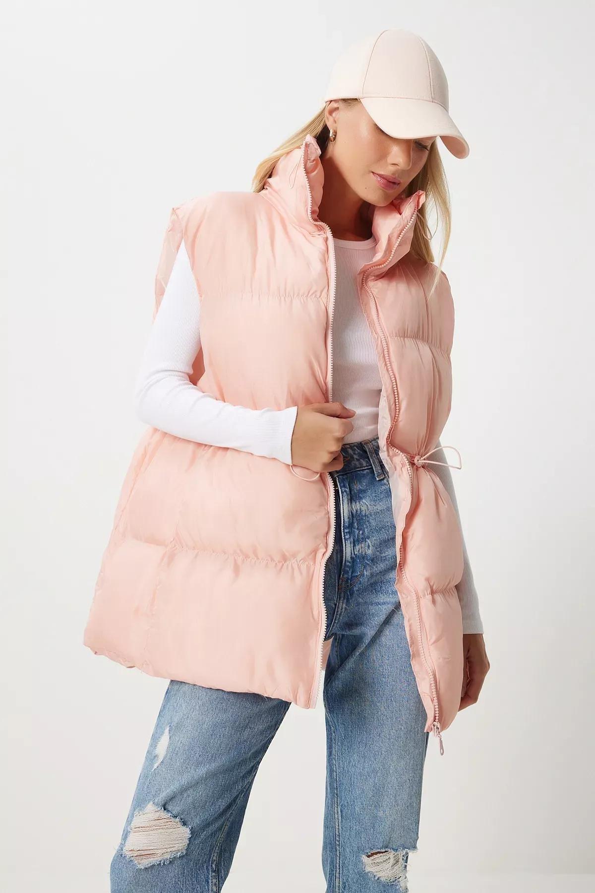 Pink Waist Drawstring Puffer Vest, Pink, large image number 1