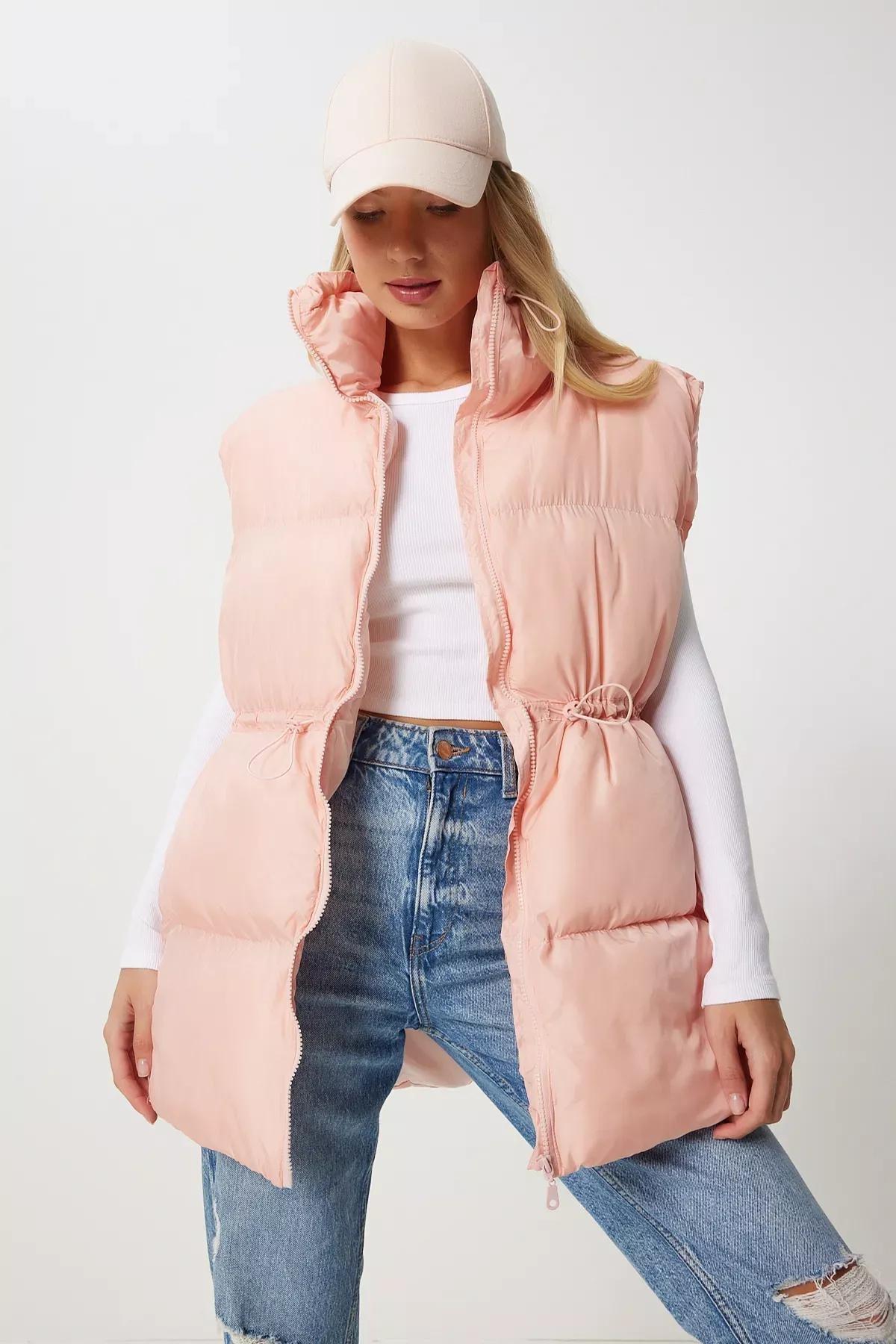 Pink Waist Drawstring Puffer Vest, Pink, large image number 2