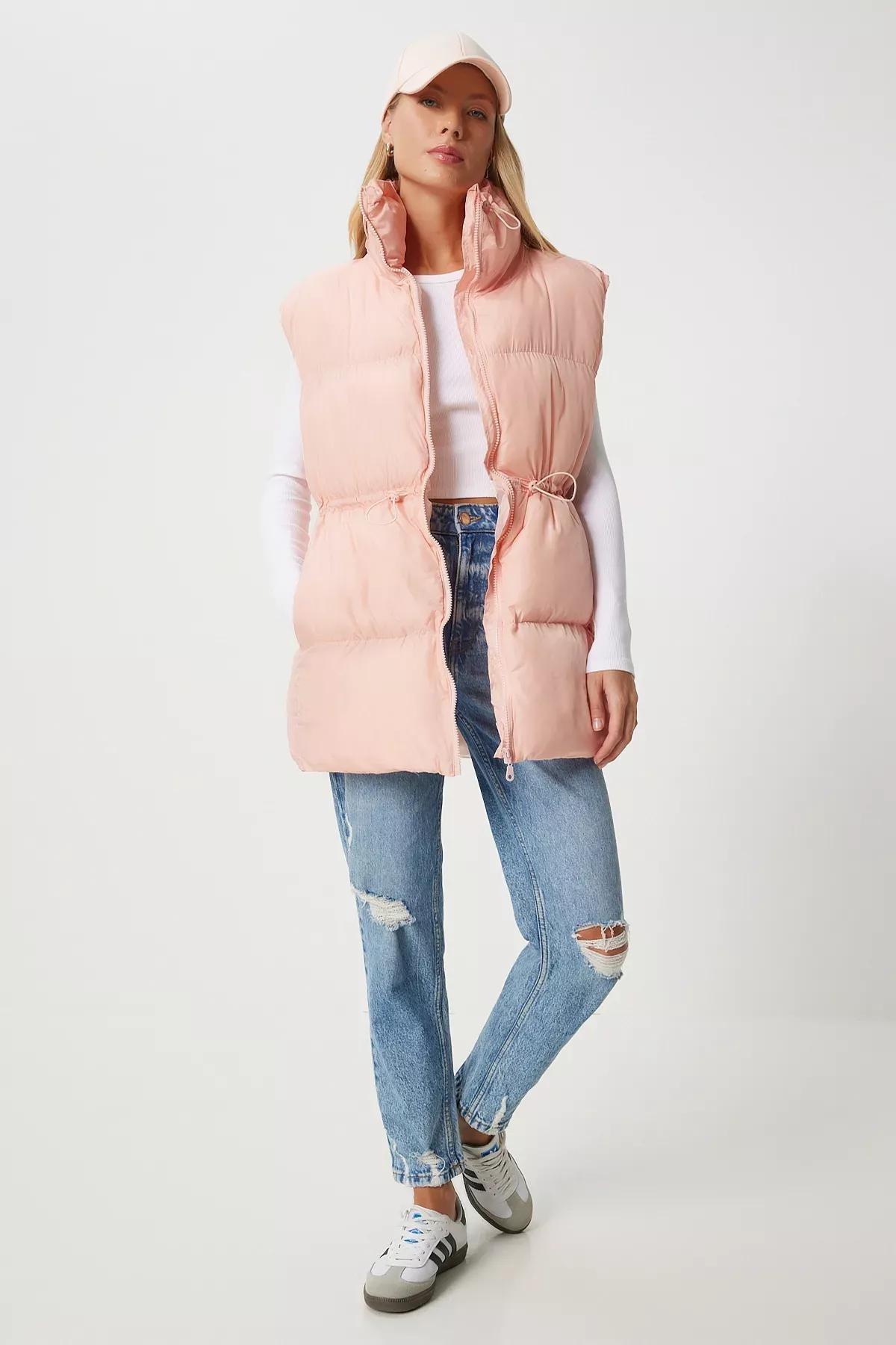 Pink Waist Drawstring Puffer Vest, Pink, large image number 3