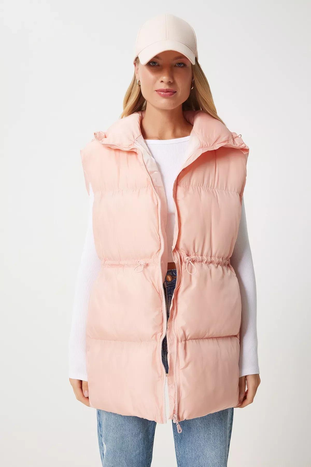 Pink Waist Drawstring Puffer Vest, Pink, large image number 4