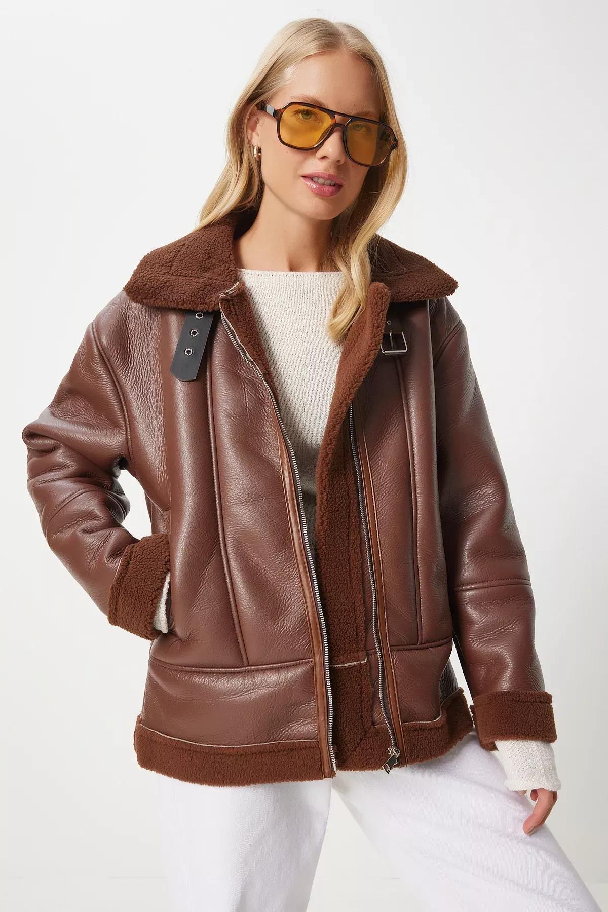 Brown Faux Fur Lined Biker Jacket, Brown, large image number 2