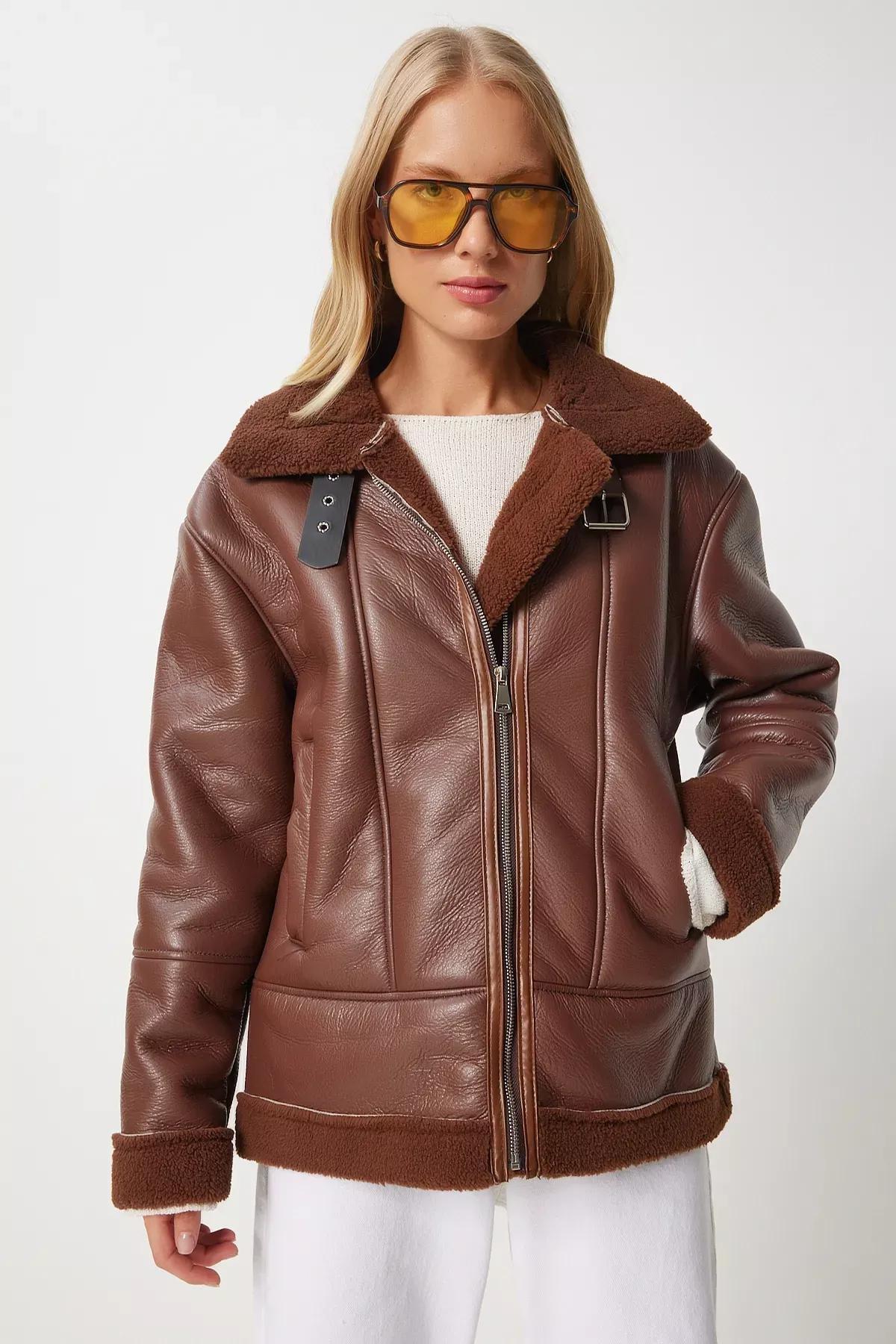Brown Faux Fur Lined Biker Jacket, Brown, large image number 3