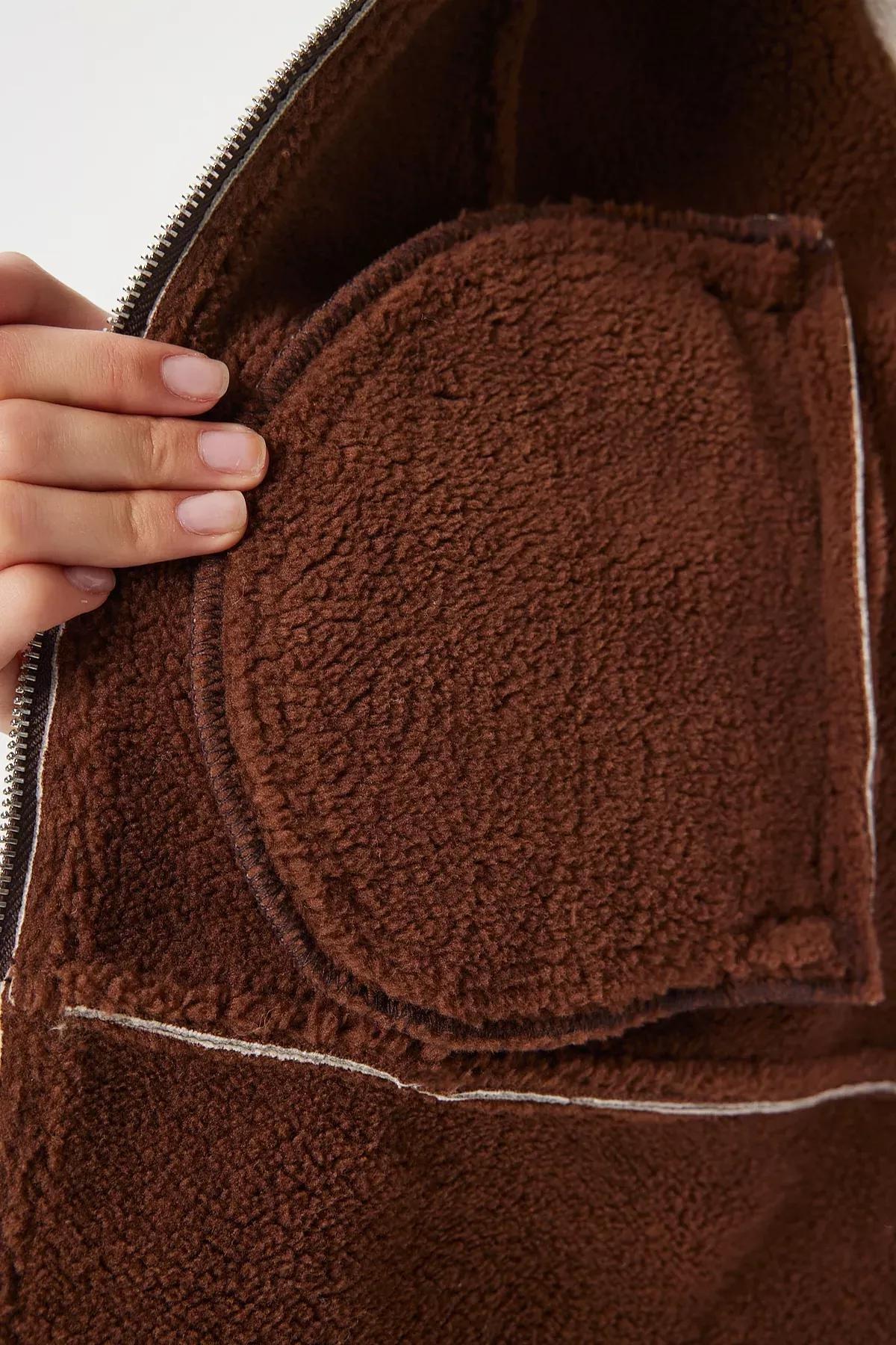 Brown Faux Fur Lined Biker Jacket, Brown, large image number 6