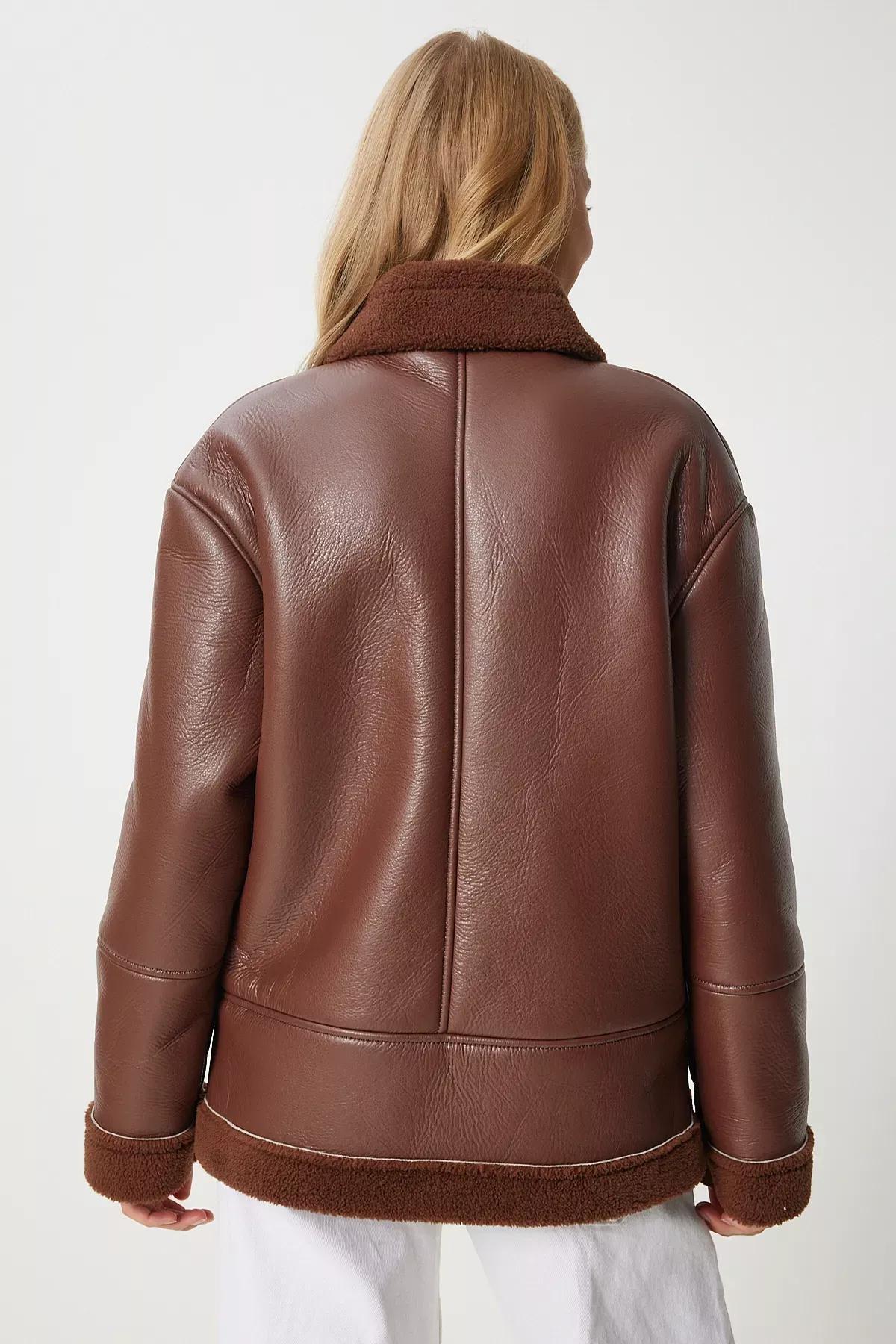 Brown Faux Fur Lined Biker Jacket, Brown, large image number 7