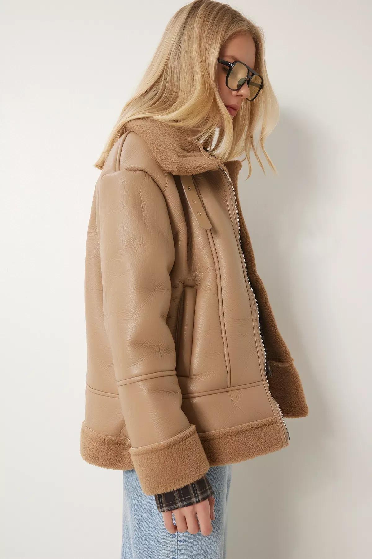 Camel Faux Fur Leather Biker Jacket, , large image number 0