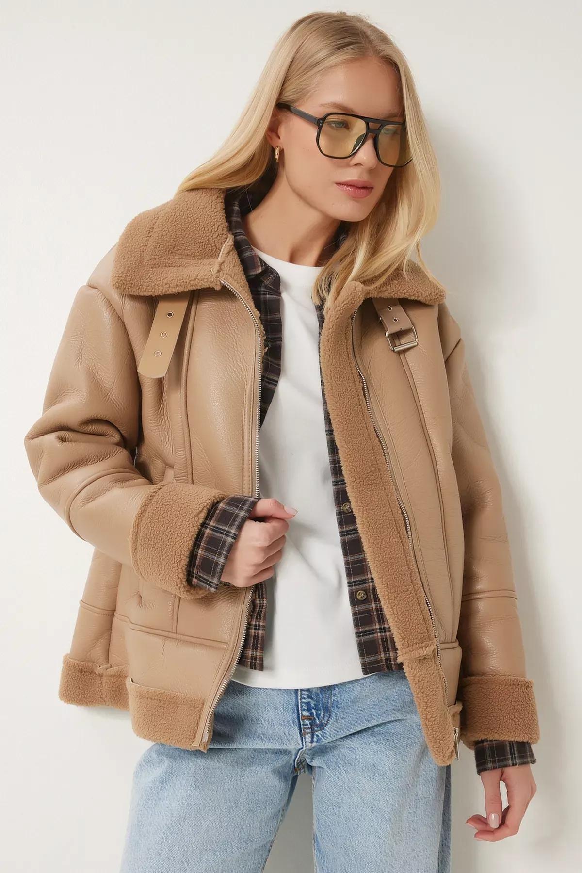 Camel Faux Fur Leather Biker Jacket, , large image number 1