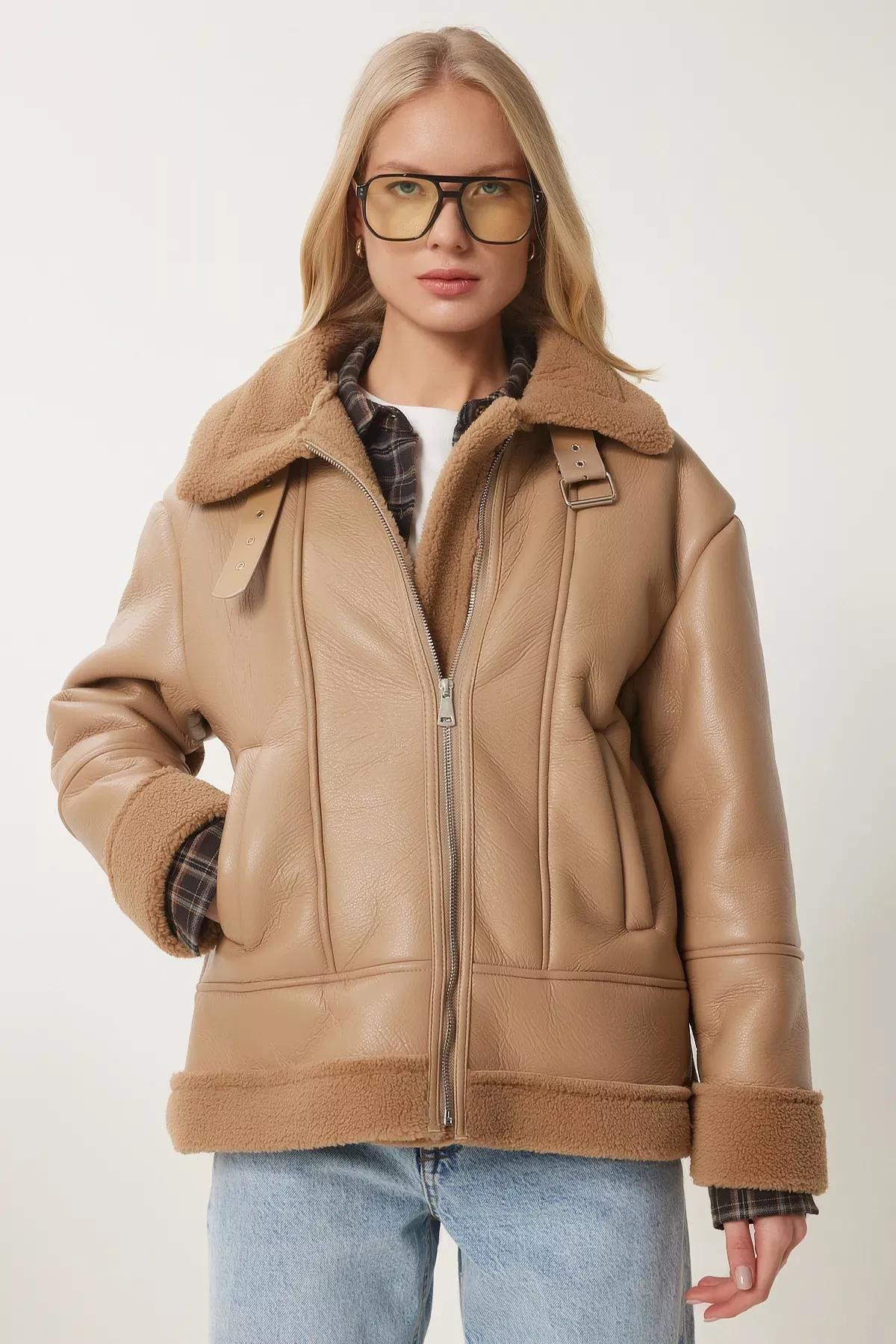 Camel Faux Fur Leather Biker Jacket, , large image number 2