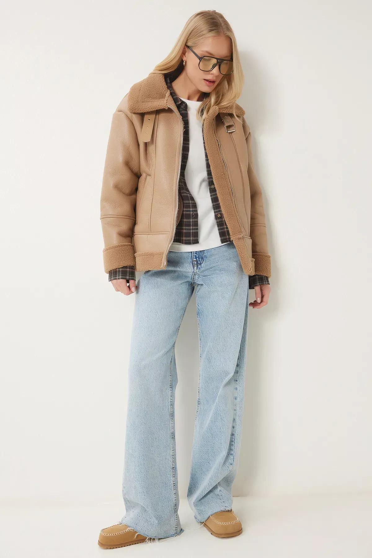Camel Faux Fur Leather Biker Jacket, , large image number 3