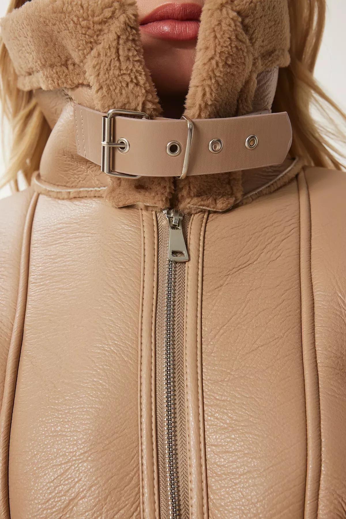 Camel Faux Fur Leather Biker Jacket, , large image number 4