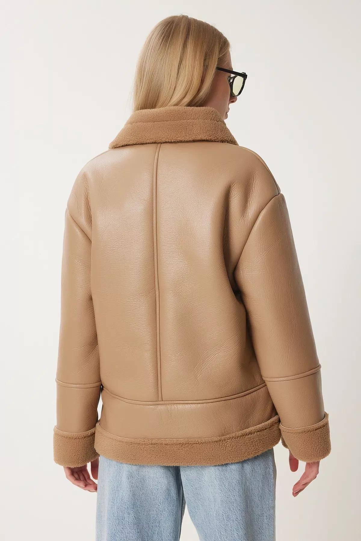 Camel Faux Fur Leather Biker Jacket, , large image number 6